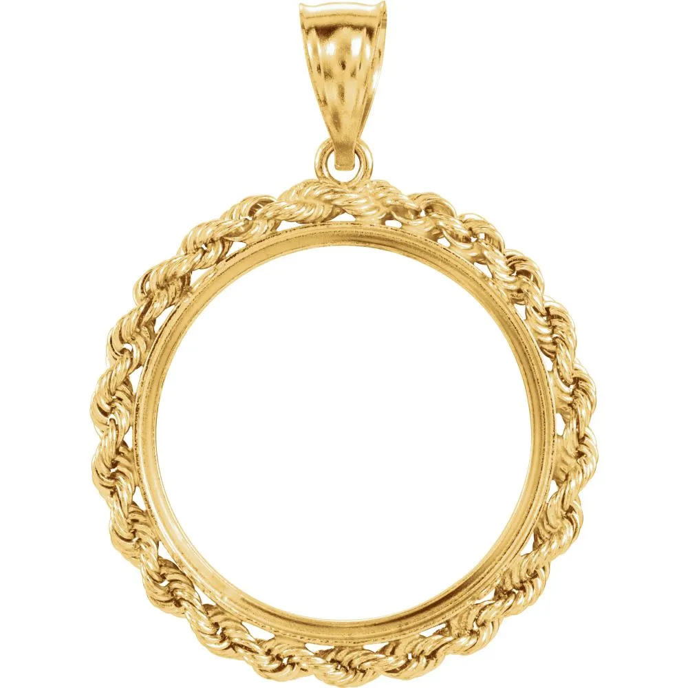 14k Yellow Gold 2.5mm Solid Rope Tab Back Frame Pendant for Mexican 10 Peso or 1/4 Ounce Coin