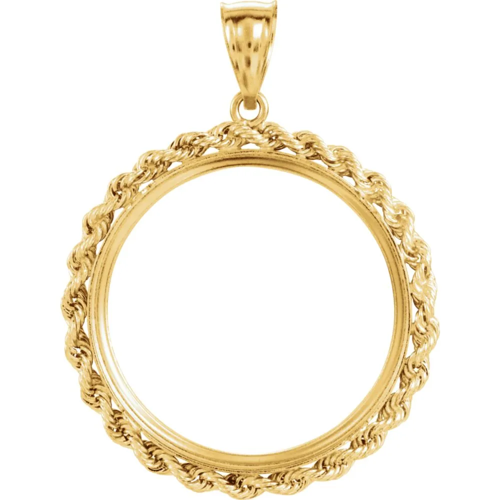 14k Yellow Gold 27x2mm Tab Back Solid Rope Coin Frame Pendant for U.S. $10.00 or 1/2 Ounce Chinese Panda
