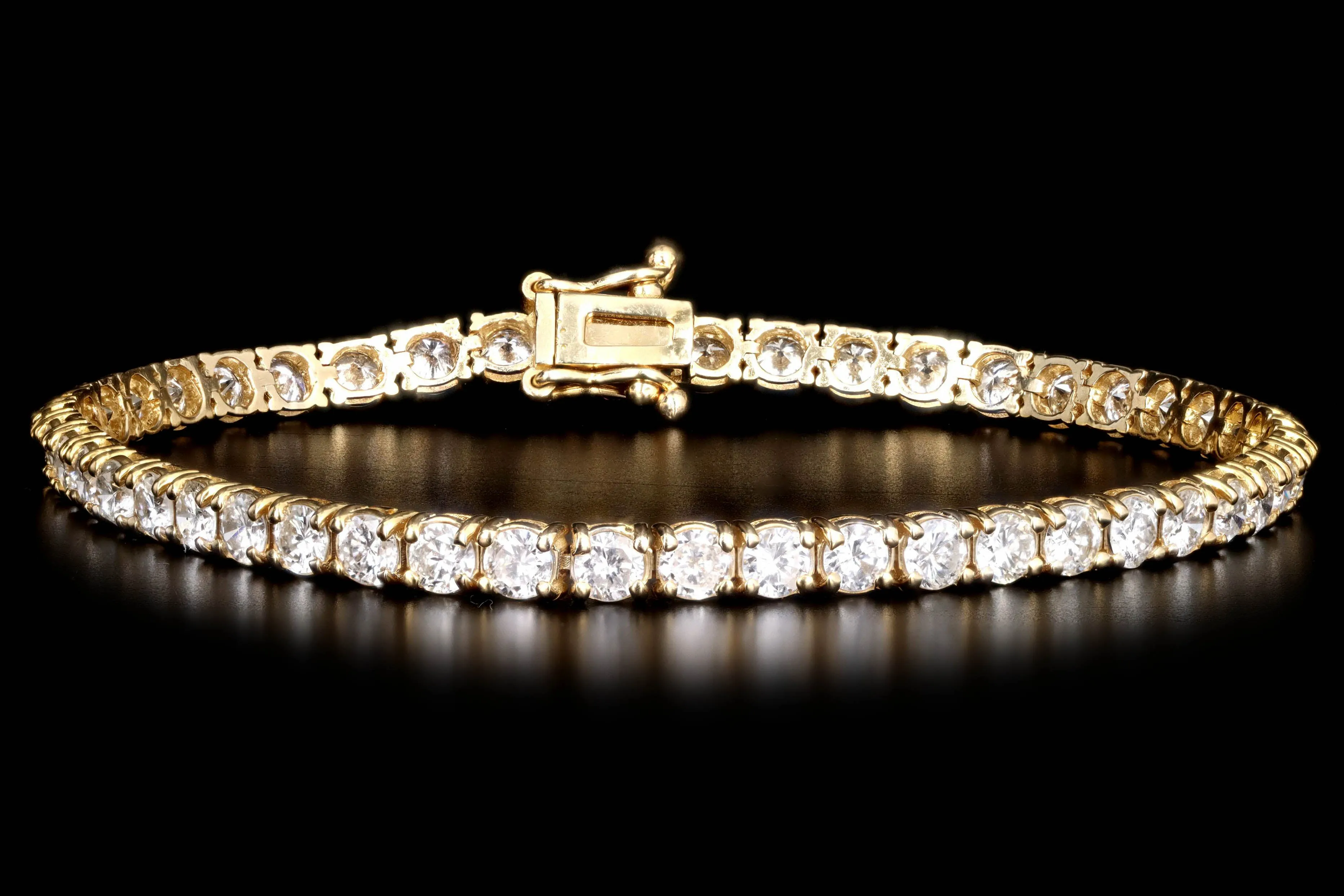 14K Yellow Gold 6.42 Carat Total Weight Round Brilliant Cut Diamond Tennis Bracelet