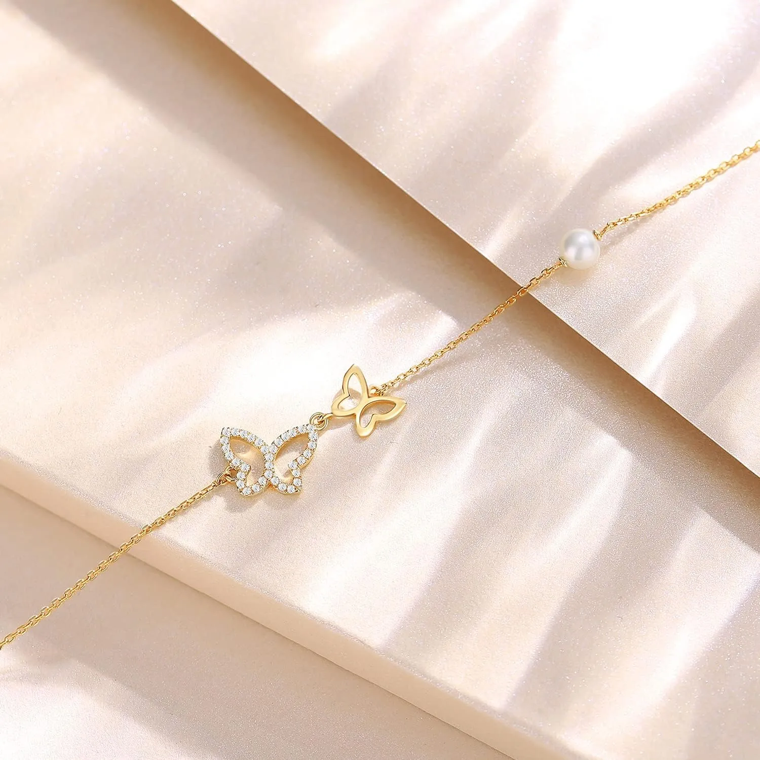 14K Yellow Gold Butterfly Bracelet with 4MM Freshwater Pearls Luxury Adjustable Bracelet Real Pearl