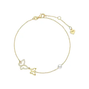 14K Yellow Gold Butterfly Bracelet with 4MM Freshwater Pearls Luxury Adjustable Bracelet Real Pearl
