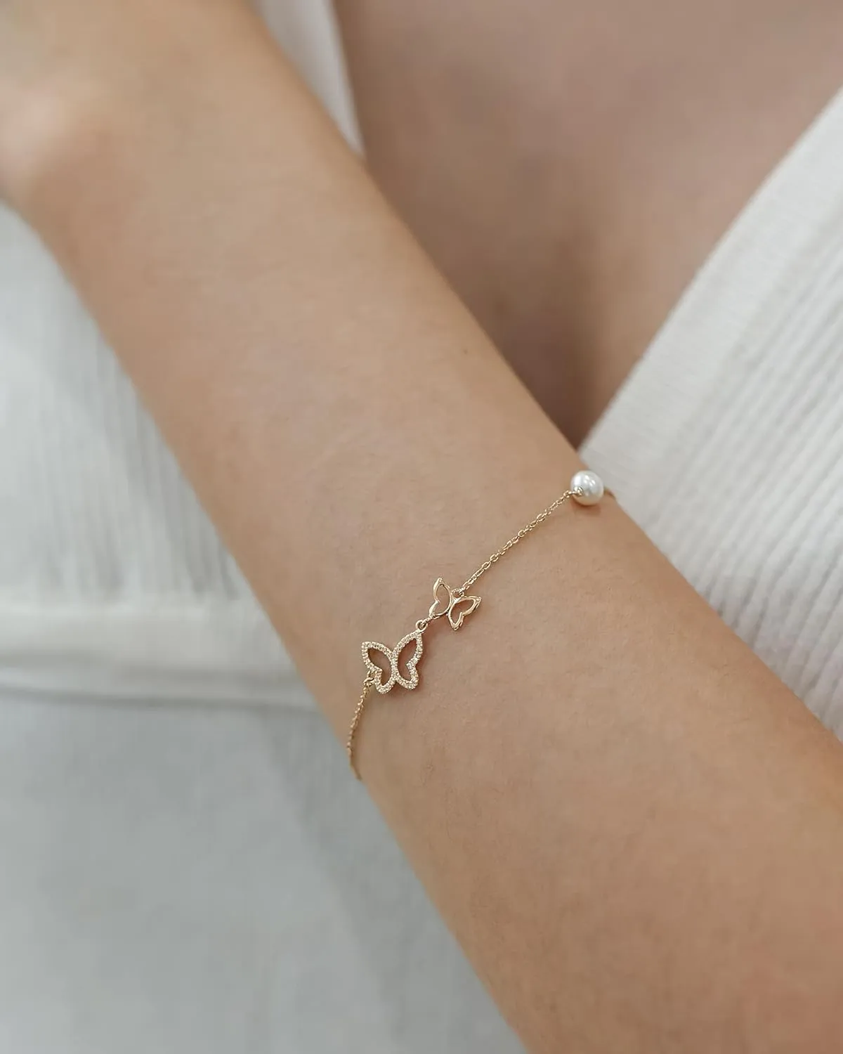 14K Yellow Gold Butterfly Bracelet with 4MM Freshwater Pearls Luxury Adjustable Bracelet Real Pearl