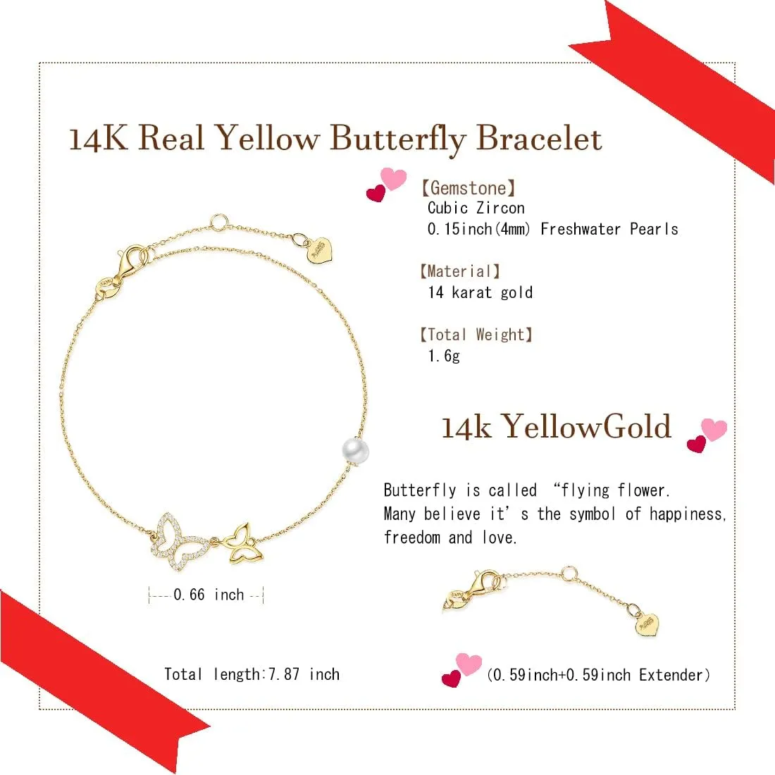 14K Yellow Gold Butterfly Bracelet with 4MM Freshwater Pearls Luxury Adjustable Bracelet Real Pearl