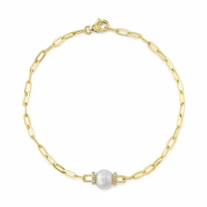 14K Yellow Gold Cultured Pearl & Diamond Paperclip Link Bracelet