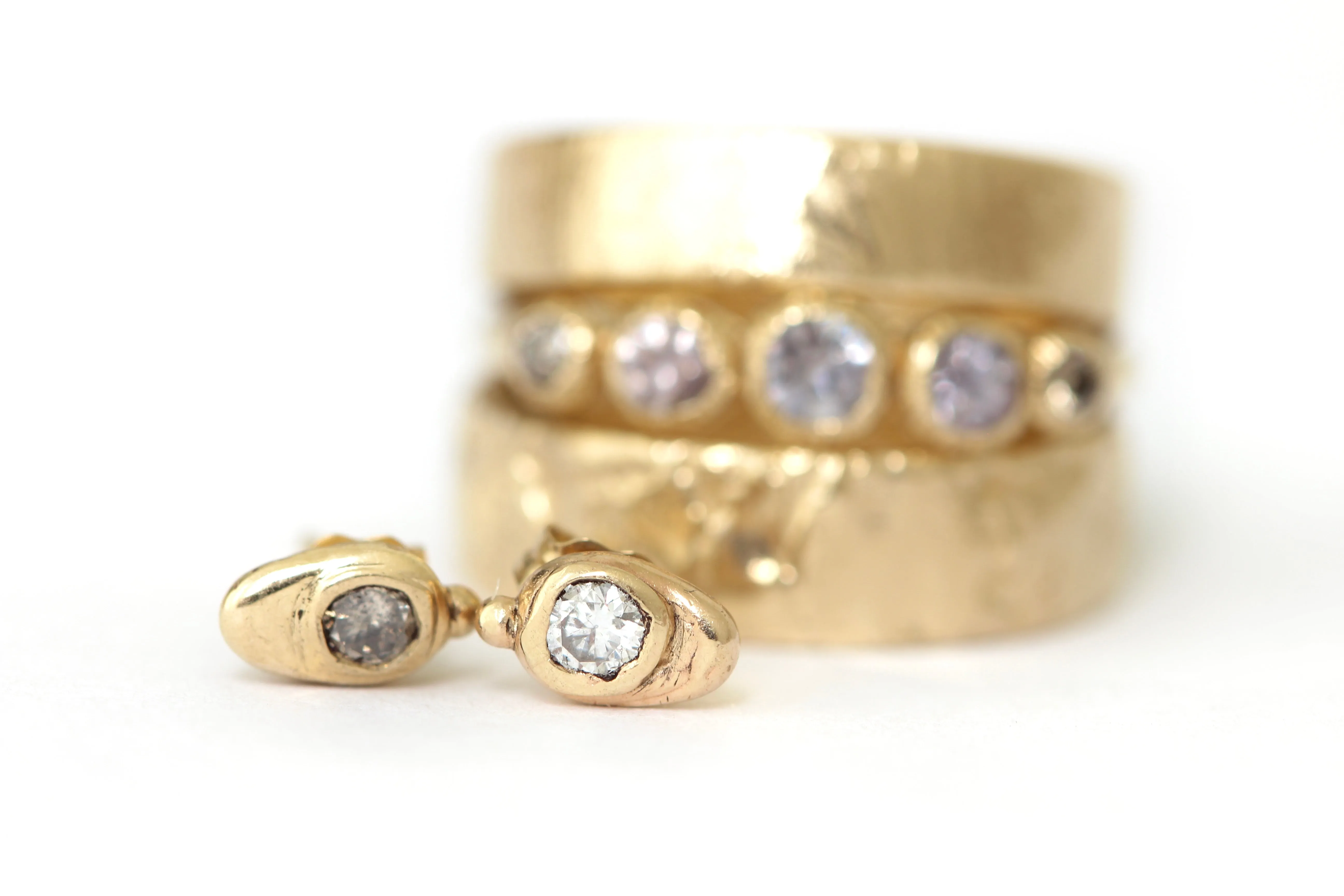 14k Yellow Gold White and Cognac Round Diamond Studs