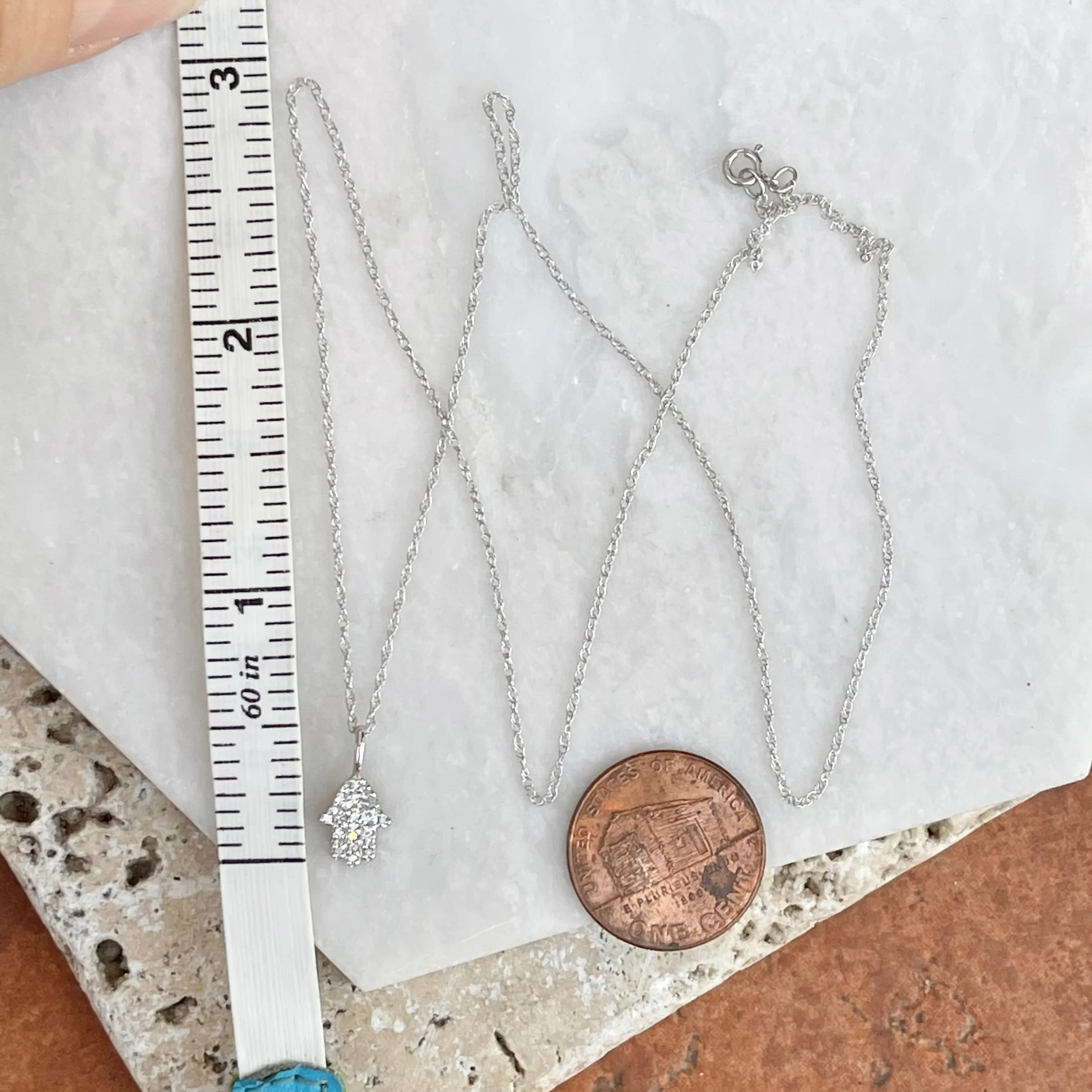 14KT White Gold Pave Diamond Hamsa Mini Pendant Necklace