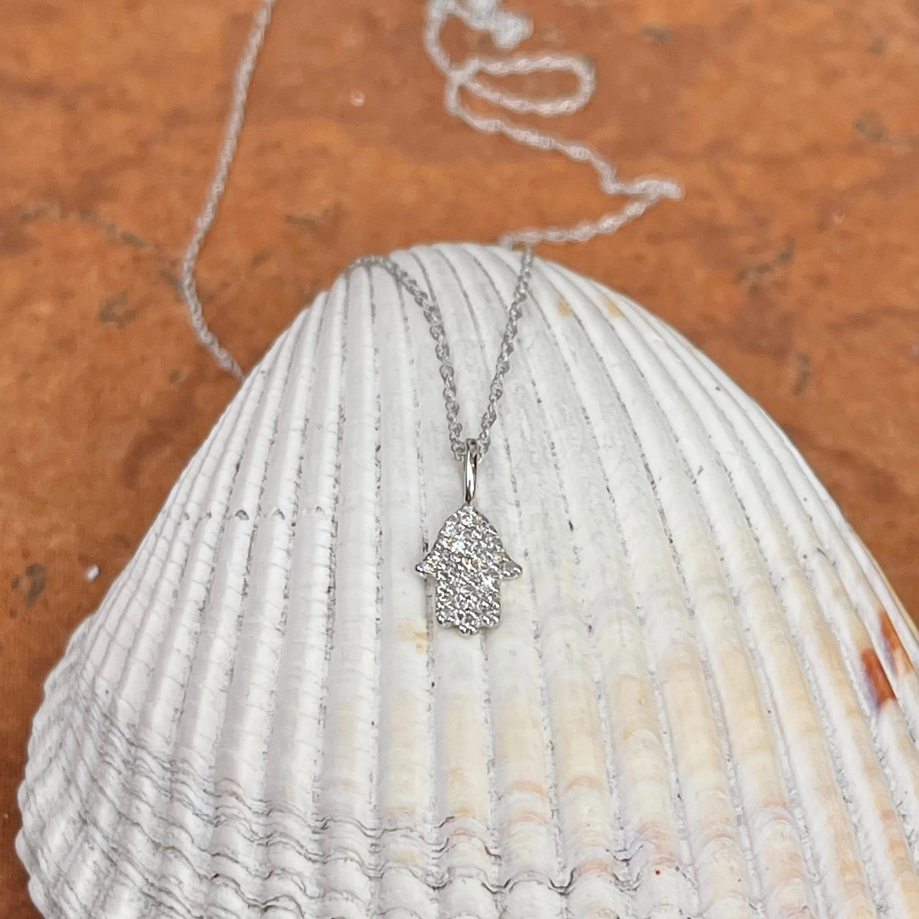 14KT White Gold Pave Diamond Hamsa Mini Pendant Necklace