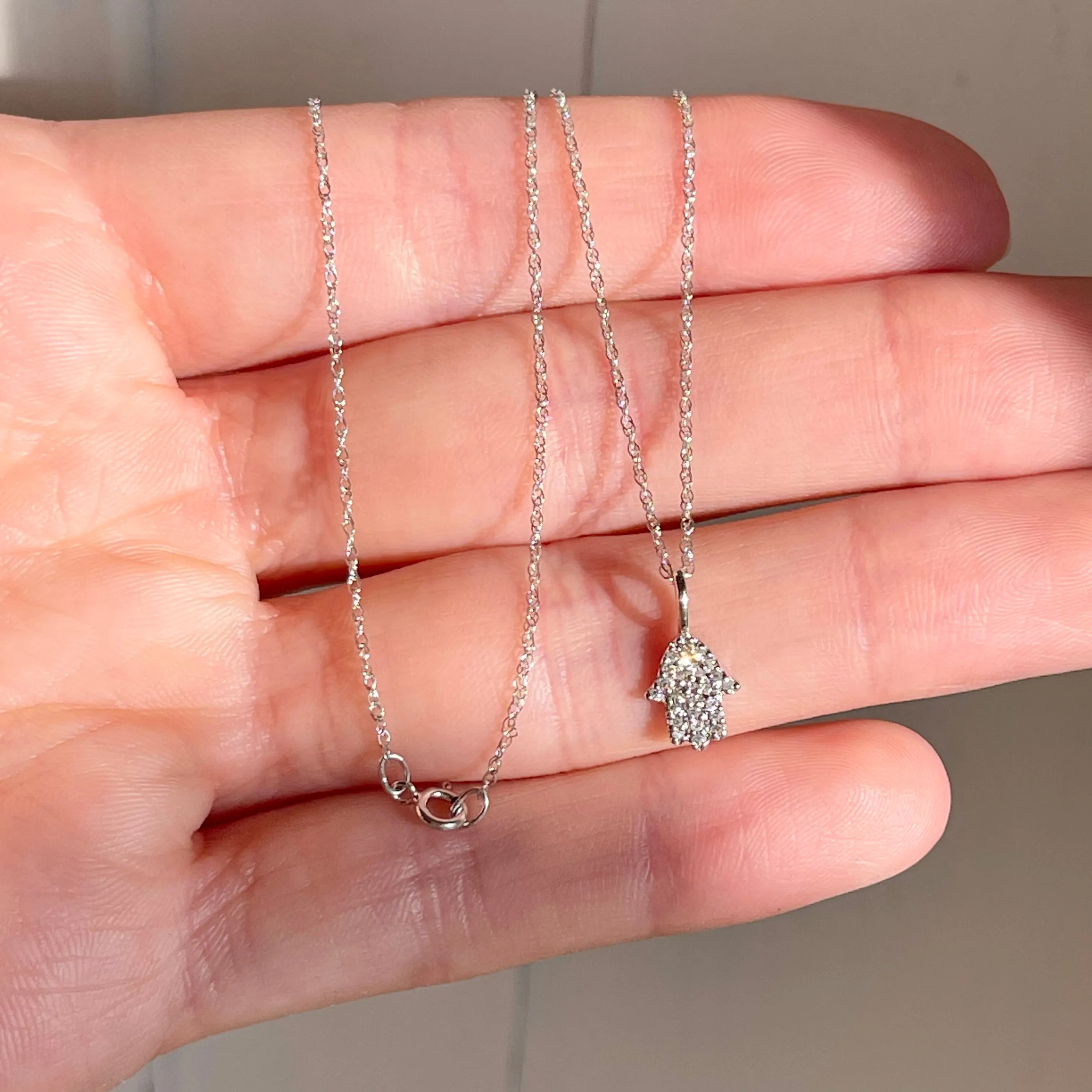 14KT White Gold Pave Diamond Hamsa Mini Pendant Necklace