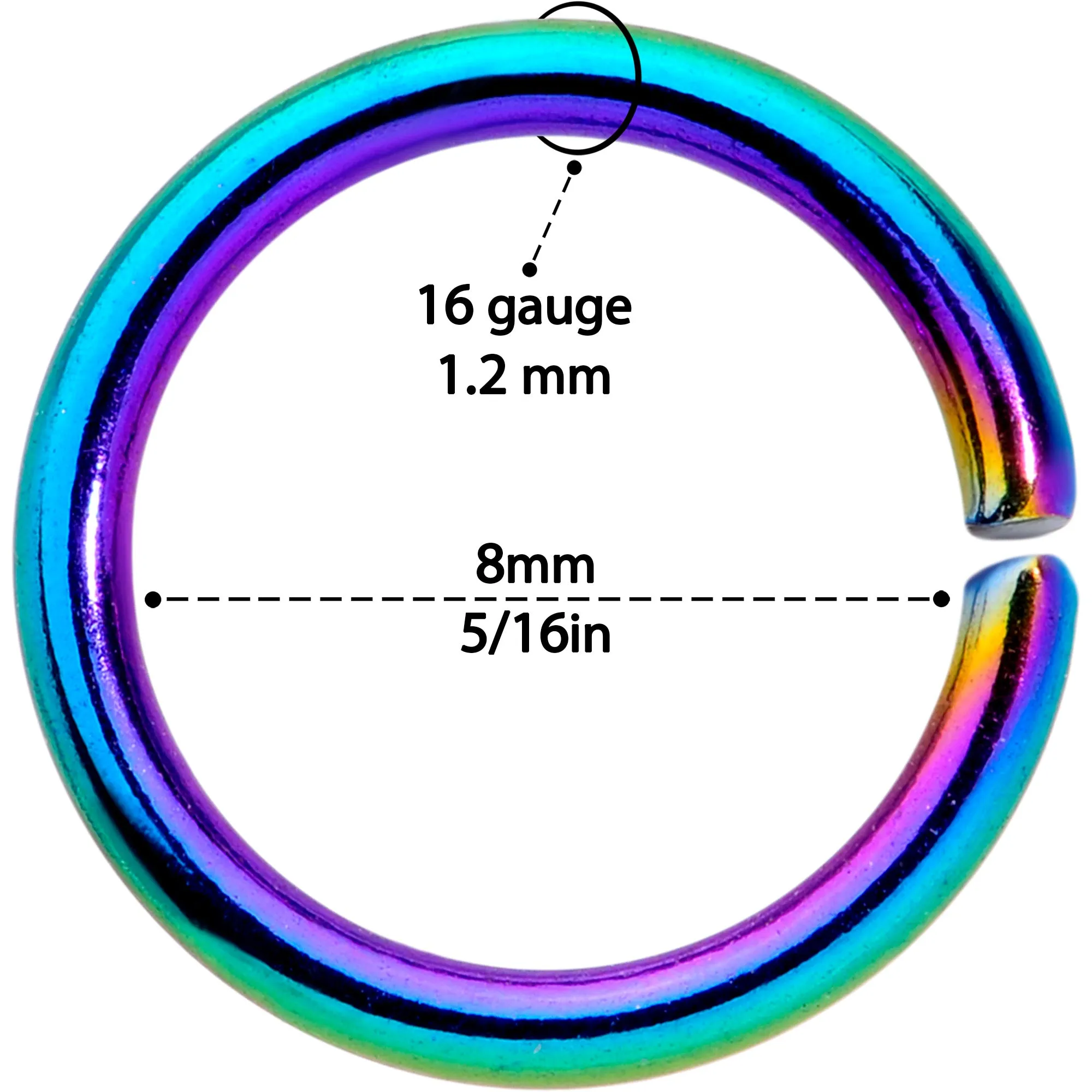 16 Gauge 5/16 Steel Rainbow Anodized Seamless Cartilage Ring Set of 12