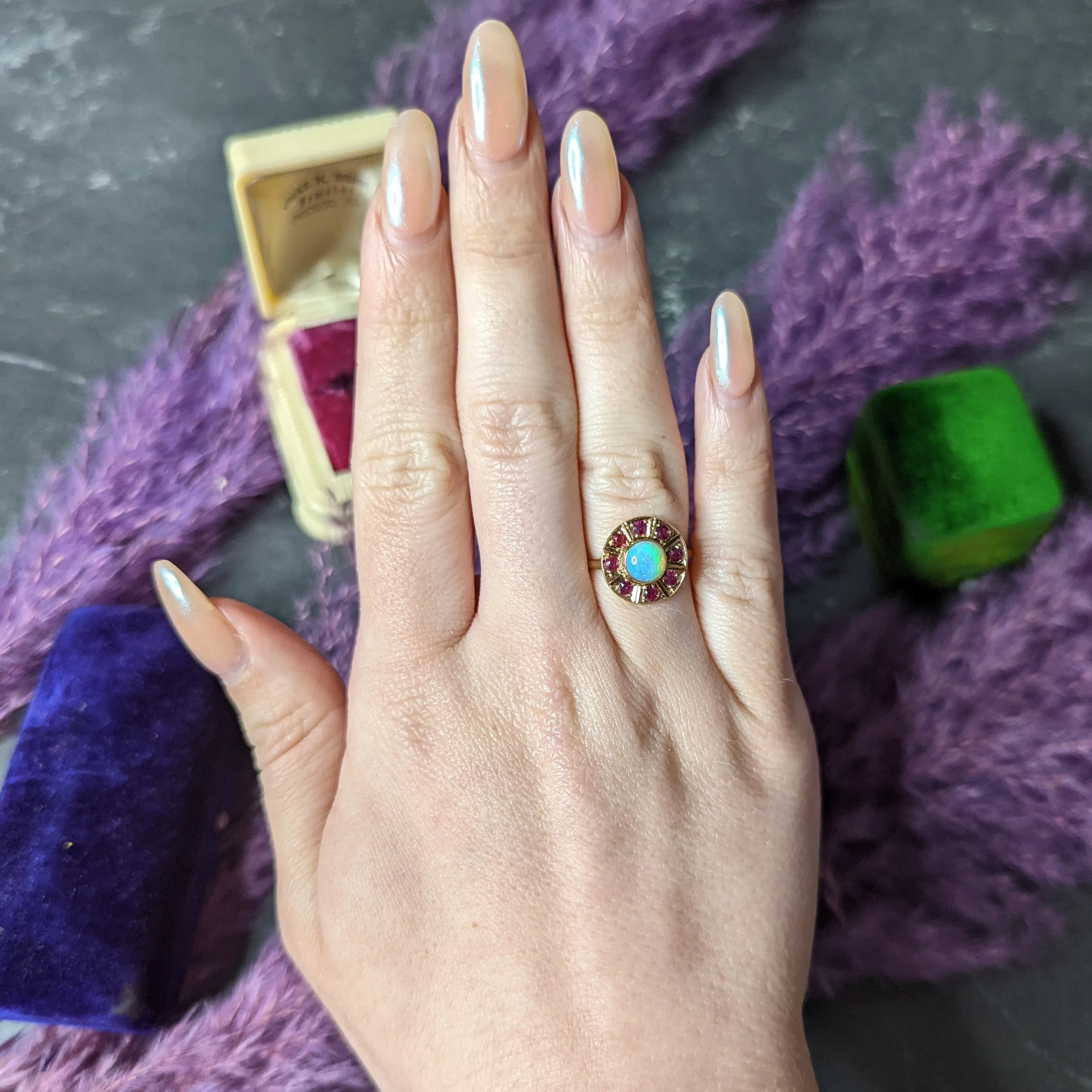 1890's Antique Victorian Opal Ruby 18 Karat Gold Cluster Ring