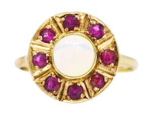 1890's Antique Victorian Opal Ruby 18 Karat Gold Cluster Ring