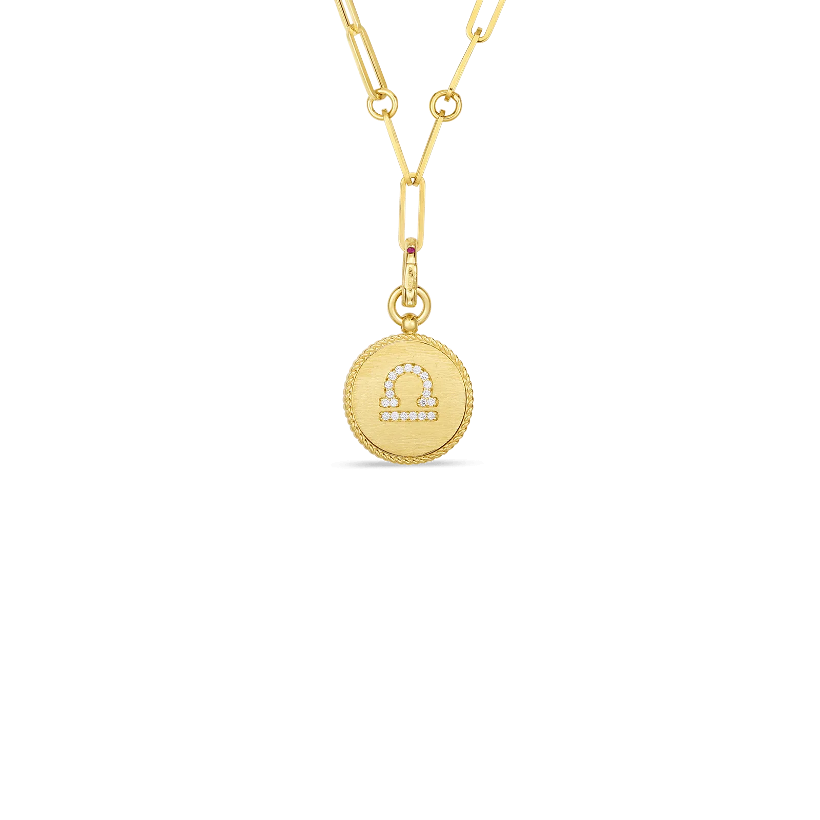 18K DIAMOND ZODIAC MEDALLION PENDANT W. COIN EDGE ON PAPER CLIP CHAIN