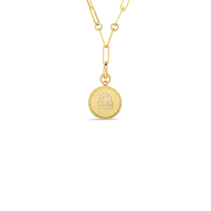 18K DIAMOND ZODIAC MEDALLION PENDANT W. COIN EDGE ON PAPER CLIP CHAIN