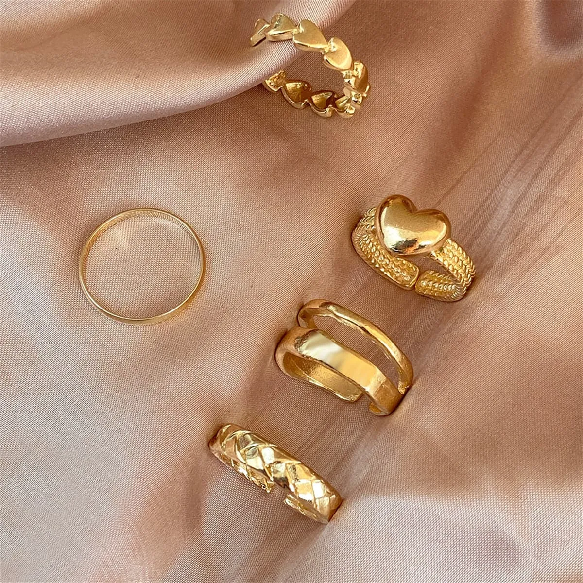 18K Gold-Plated Heart Textured Chevron Open Ring Set