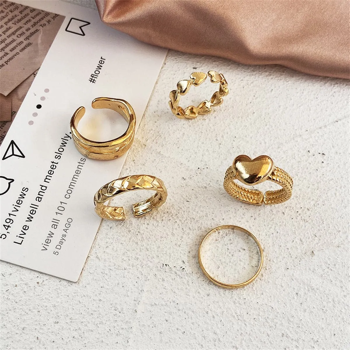 18K Gold-Plated Heart Textured Chevron Open Ring Set