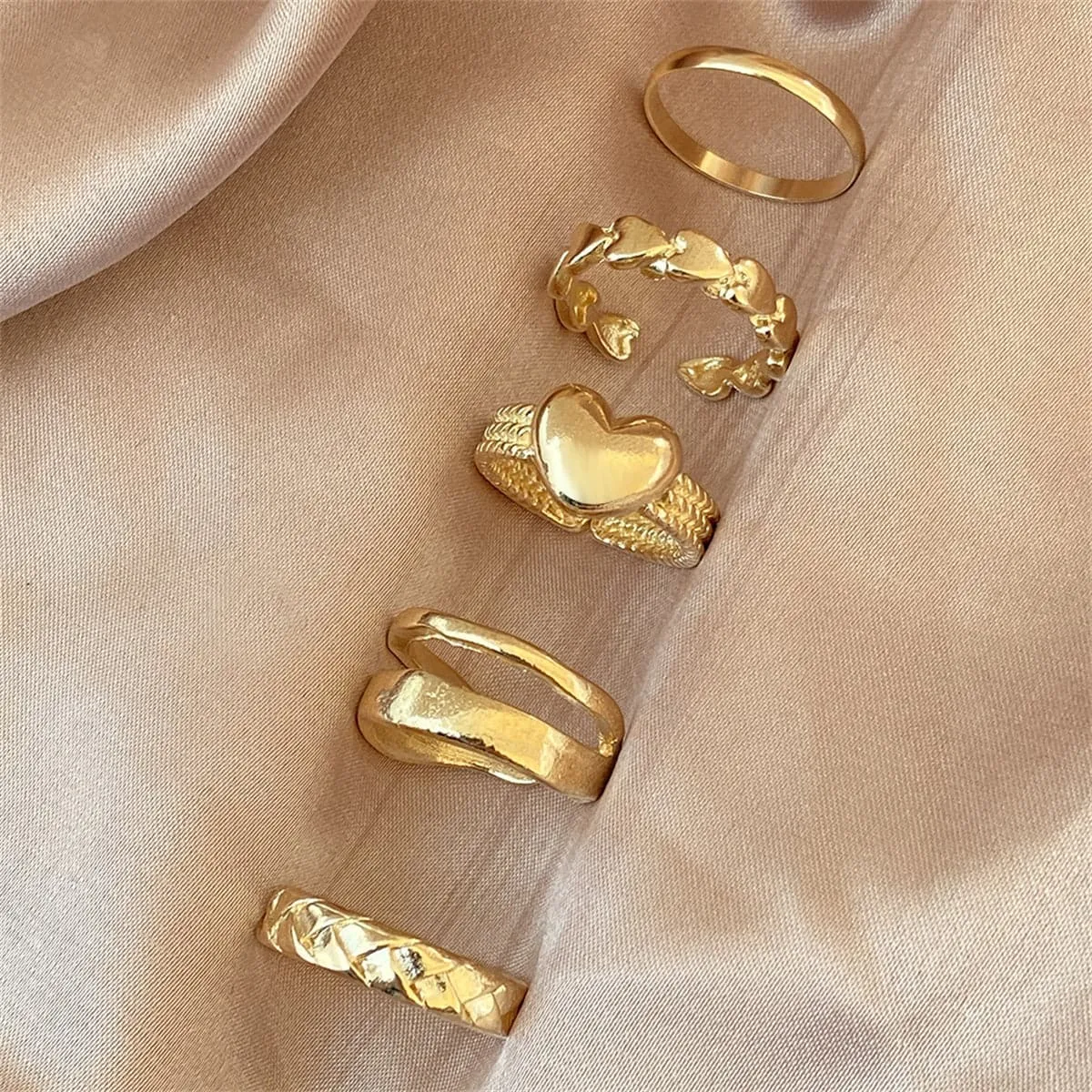 18K Gold-Plated Heart Textured Chevron Open Ring Set
