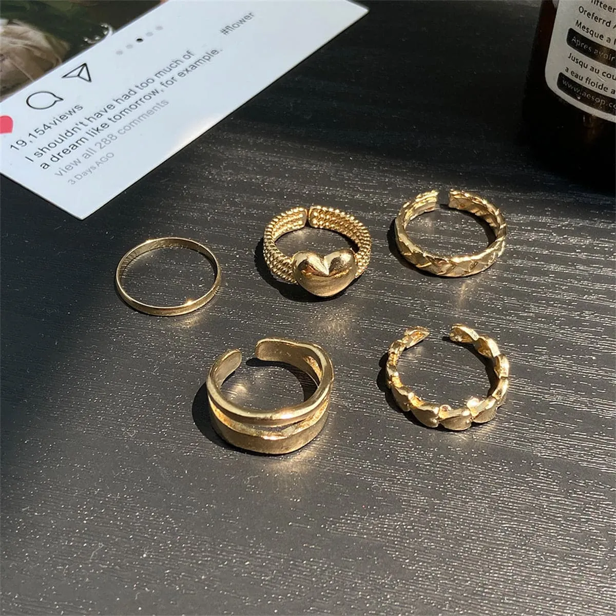 18K Gold-Plated Heart Textured Chevron Open Ring Set