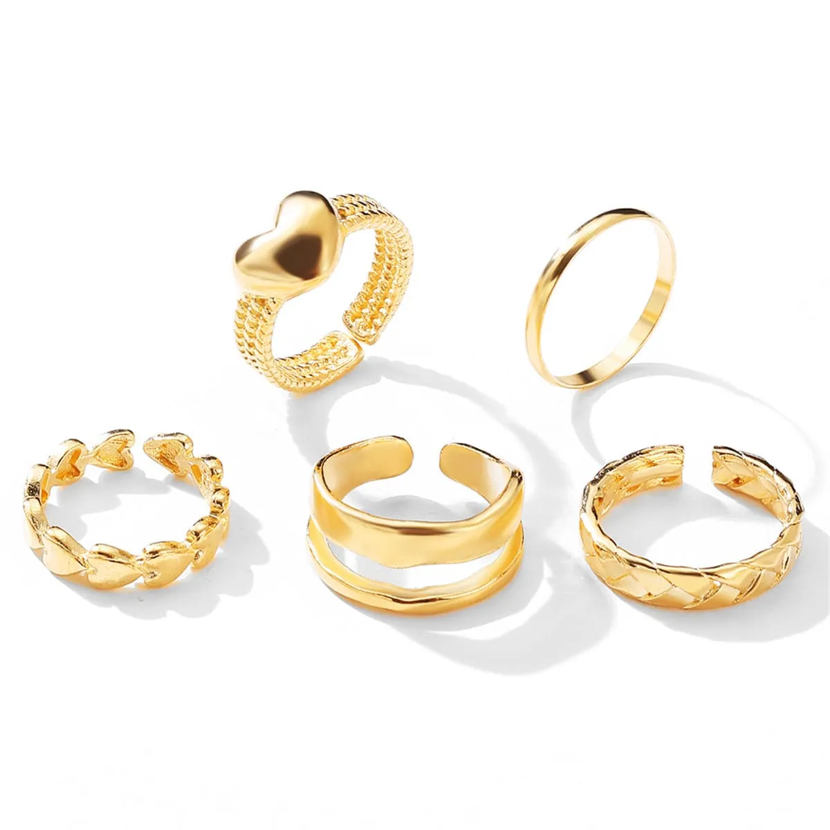 18K Gold-Plated Heart Textured Chevron Open Ring Set