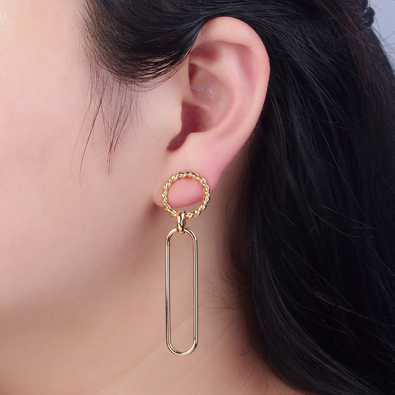 18K Gold Plated Oval Earrings, Geometric Drops, Twisted Round Lightweight Studs V-389