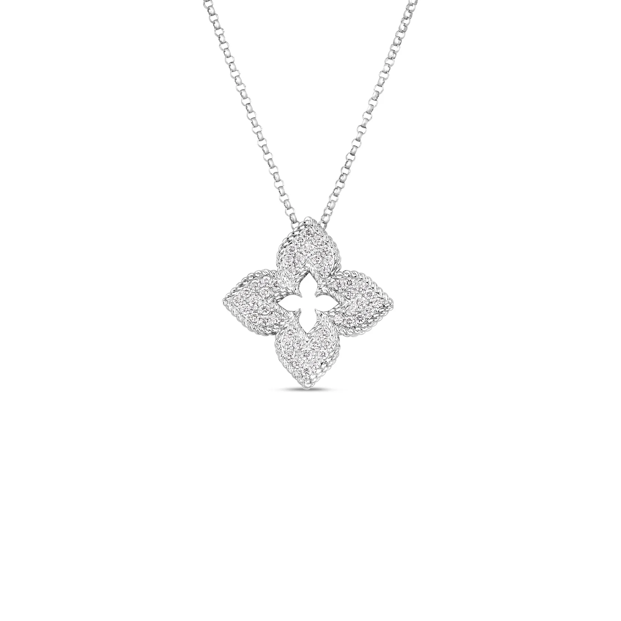 18K White Gold Venetian Princess Medium Pave Flower Necklace