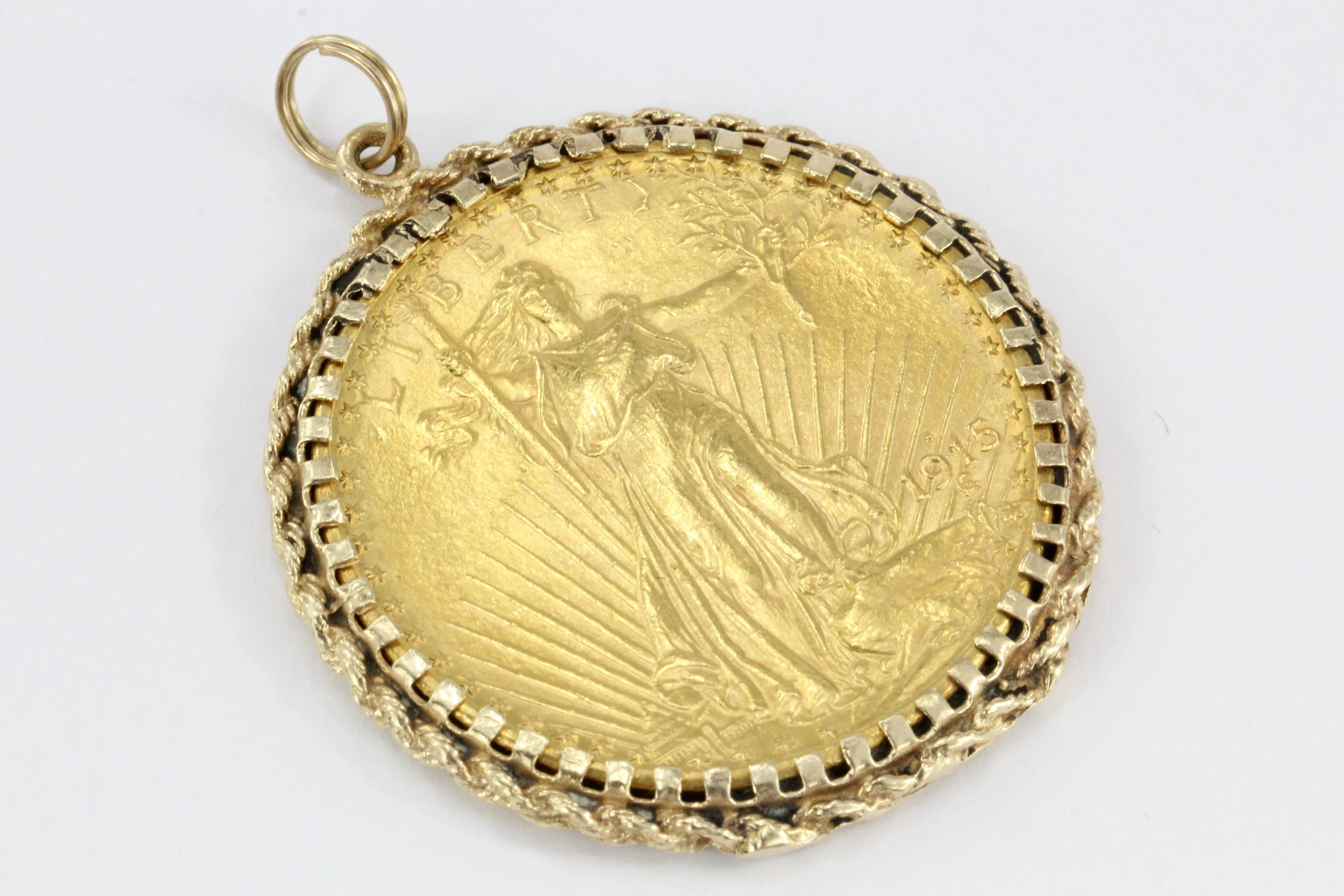 1915 Twenty Dollar Gold St. Gaudens Double Eagle Coin in Custom 14K Yellow Gold Bezel