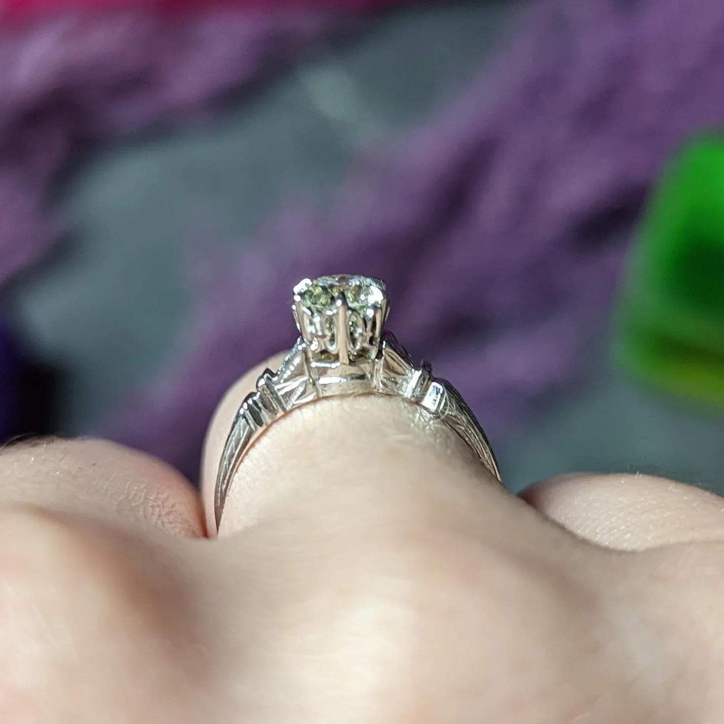 1930's Art Deco 0.56 CTW Old European Diamond 14 Karat White Gold Engagement Ring