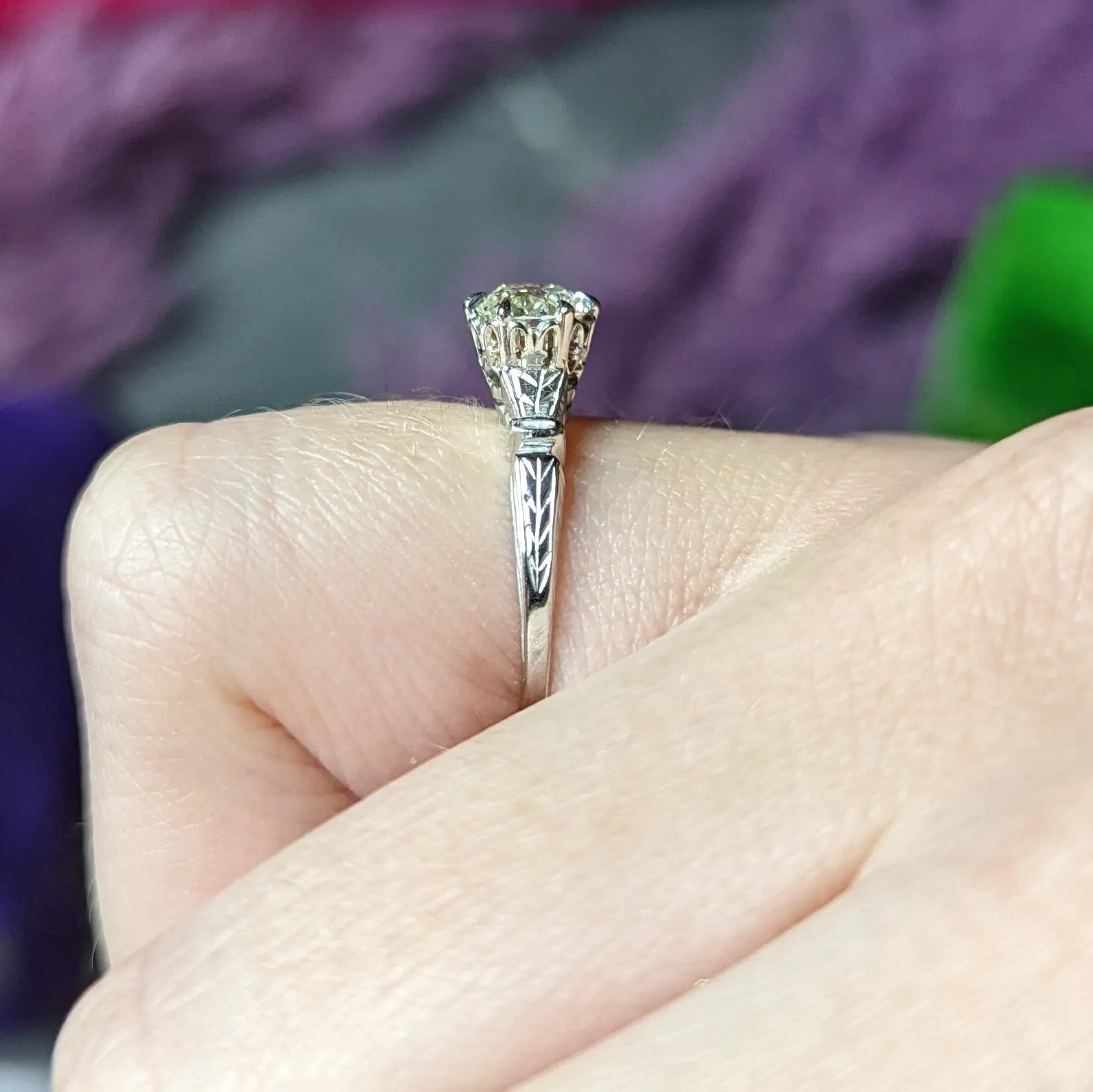 1930's Art Deco 0.56 CTW Old European Diamond 14 Karat White Gold Engagement Ring