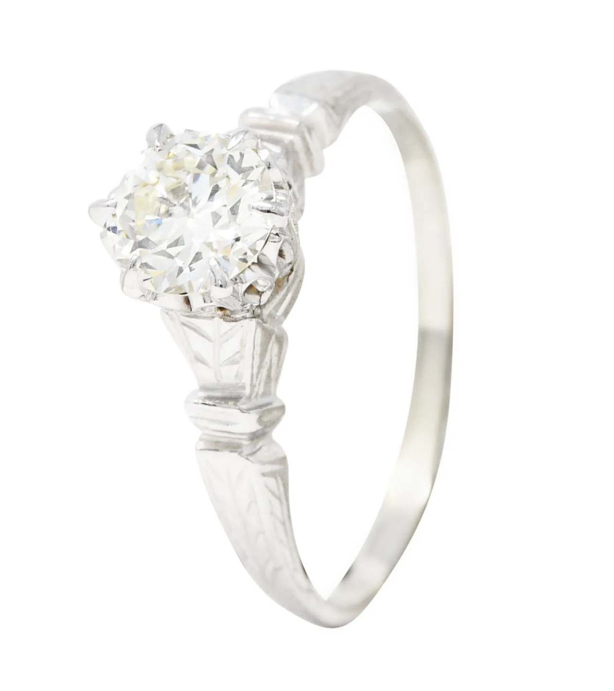 1930's Art Deco 0.56 CTW Old European Diamond 14 Karat White Gold Engagement Ring