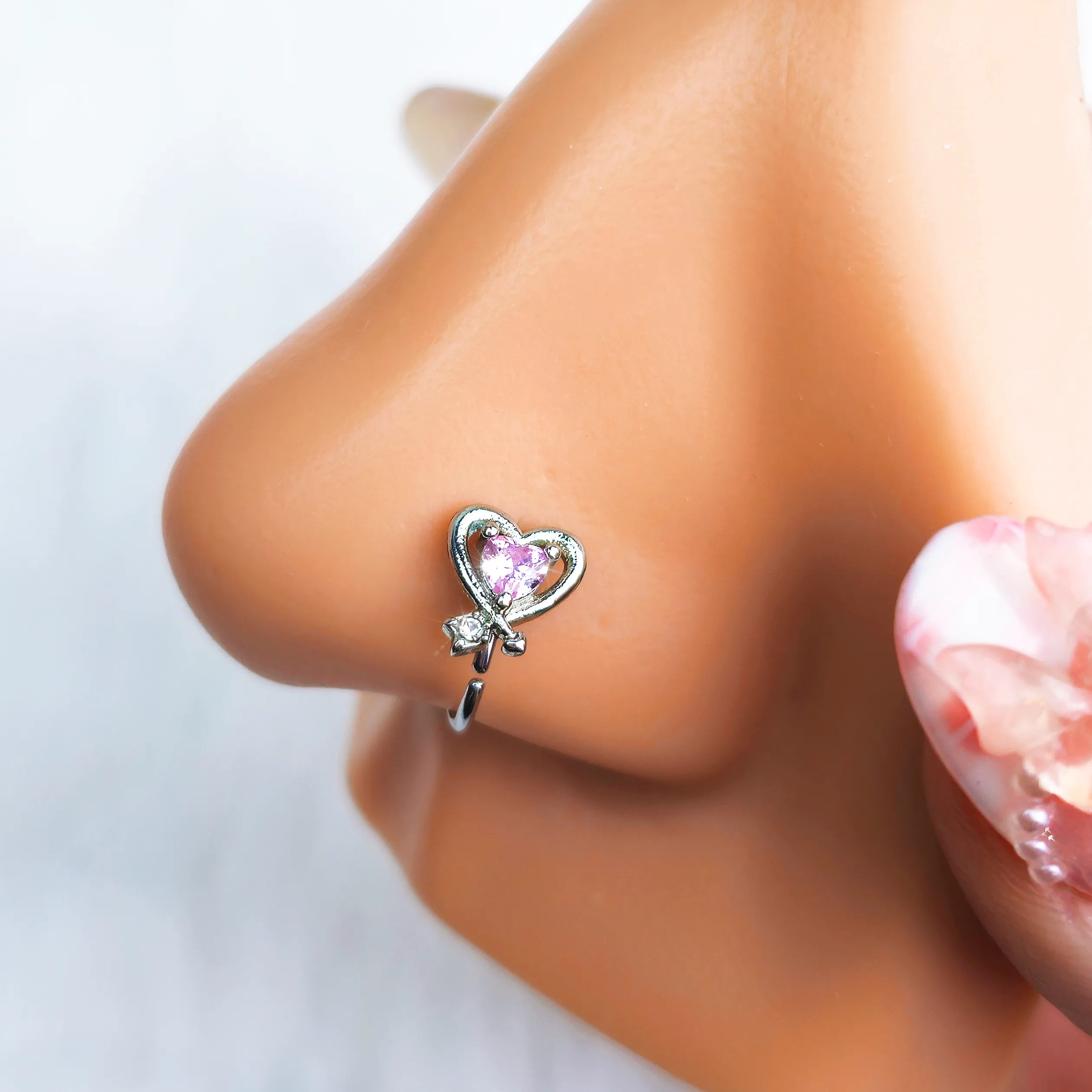 20 Gauge 5/16 Pink CZ Gem Wrapped In Heart Nose Hoop