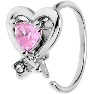 20 Gauge 5/16 Pink CZ Gem Wrapped In Heart Nose Hoop