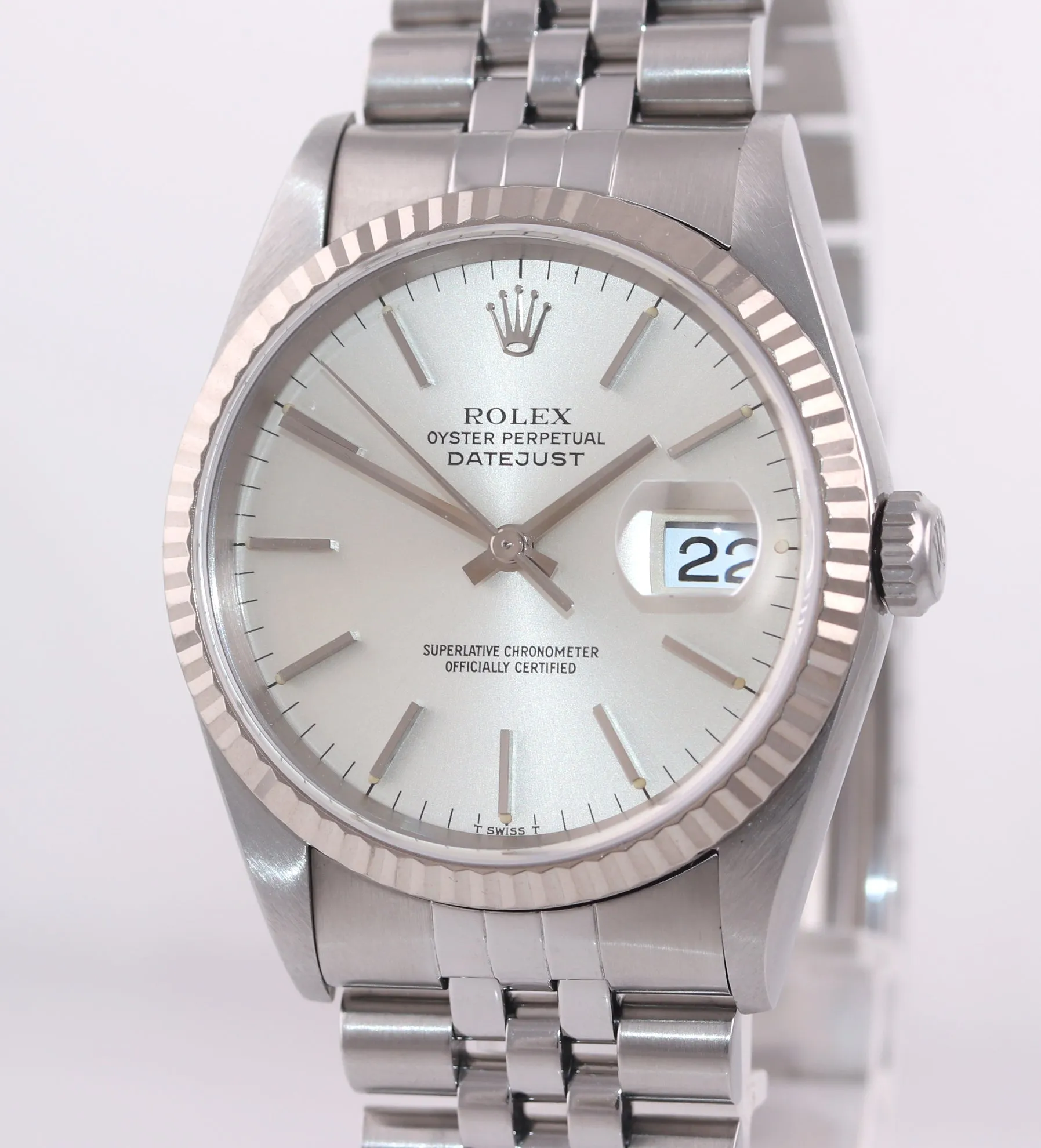 2001 Rolex DateJust 36mm 16234 Steel Silver Stick Jubilee 18k Gold Fluted Watch