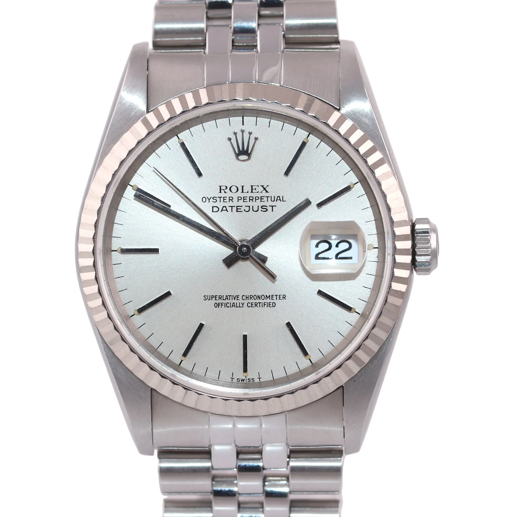 2001 Rolex DateJust 36mm 16234 Steel Silver Stick Jubilee 18k Gold Fluted Watch