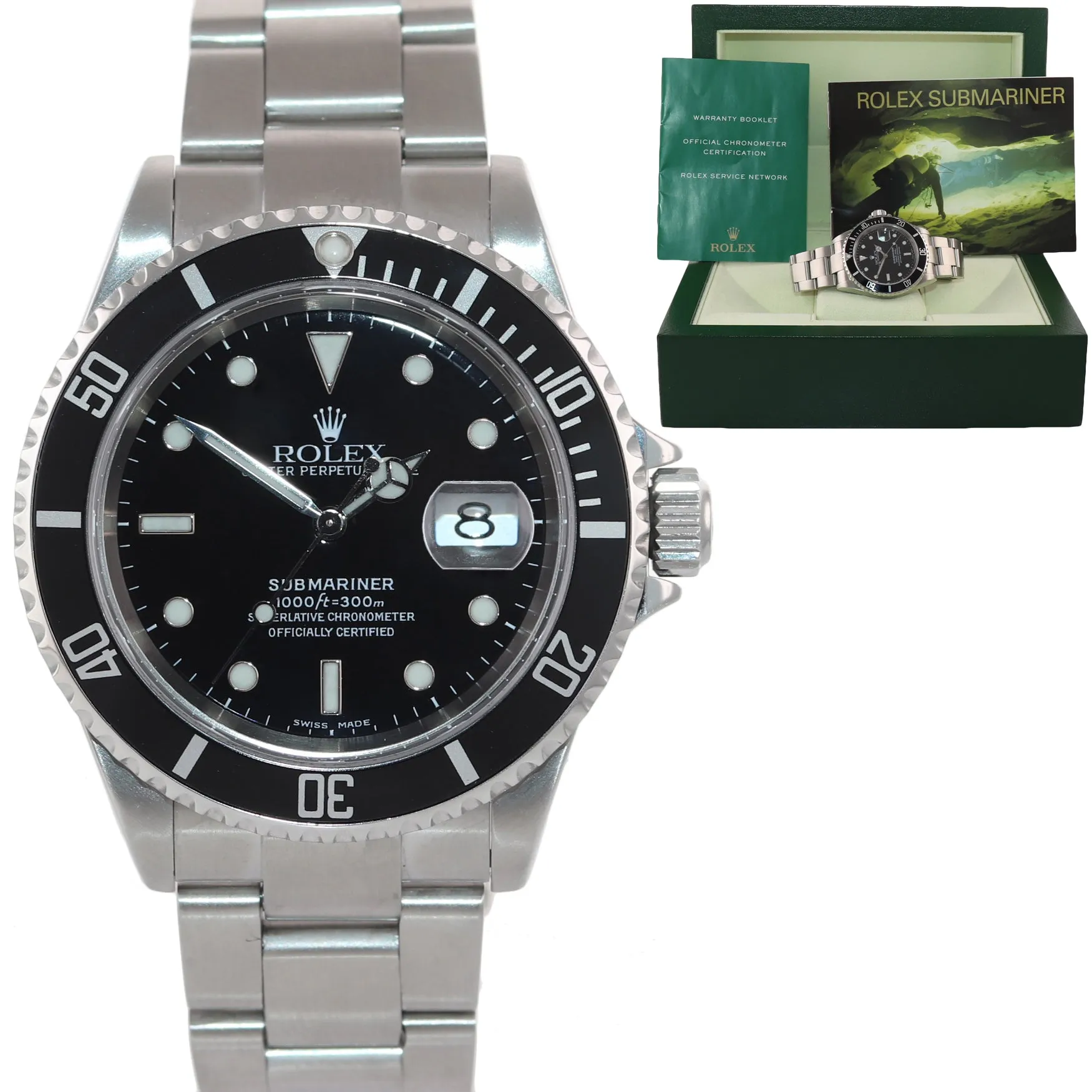 2004 Rolex Submariner 16610 Steel Black Dial 40mm No Holes Case Watch Box