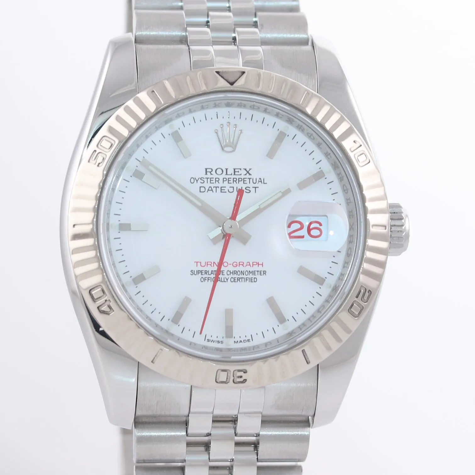 2005 Rolex DateJust 116264 Turn-O-Graph White T Bird Steel Jubilee 18k Watch