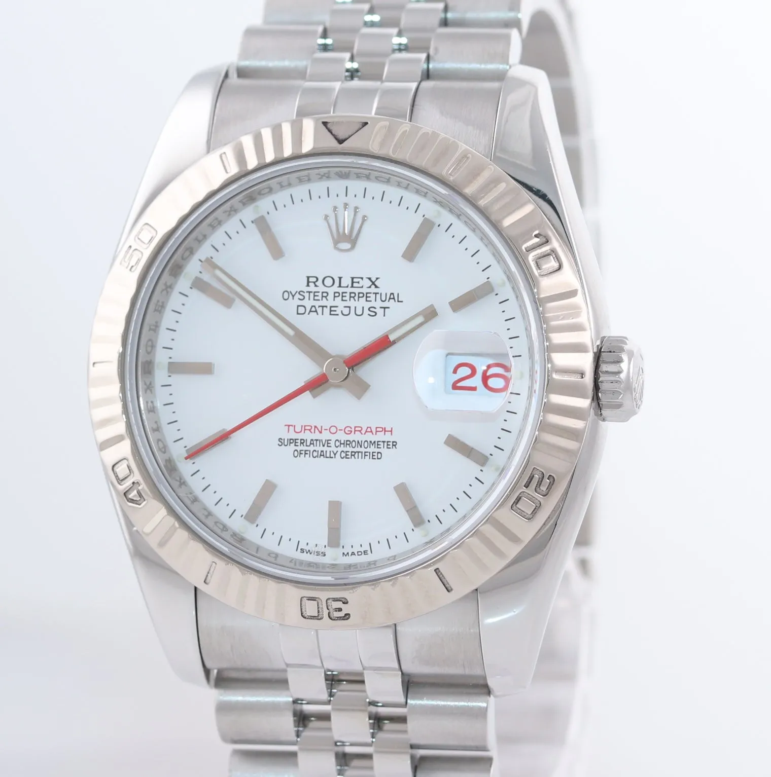 2005 Rolex DateJust 116264 Turn-O-Graph White T Bird Steel Jubilee 18k Watch