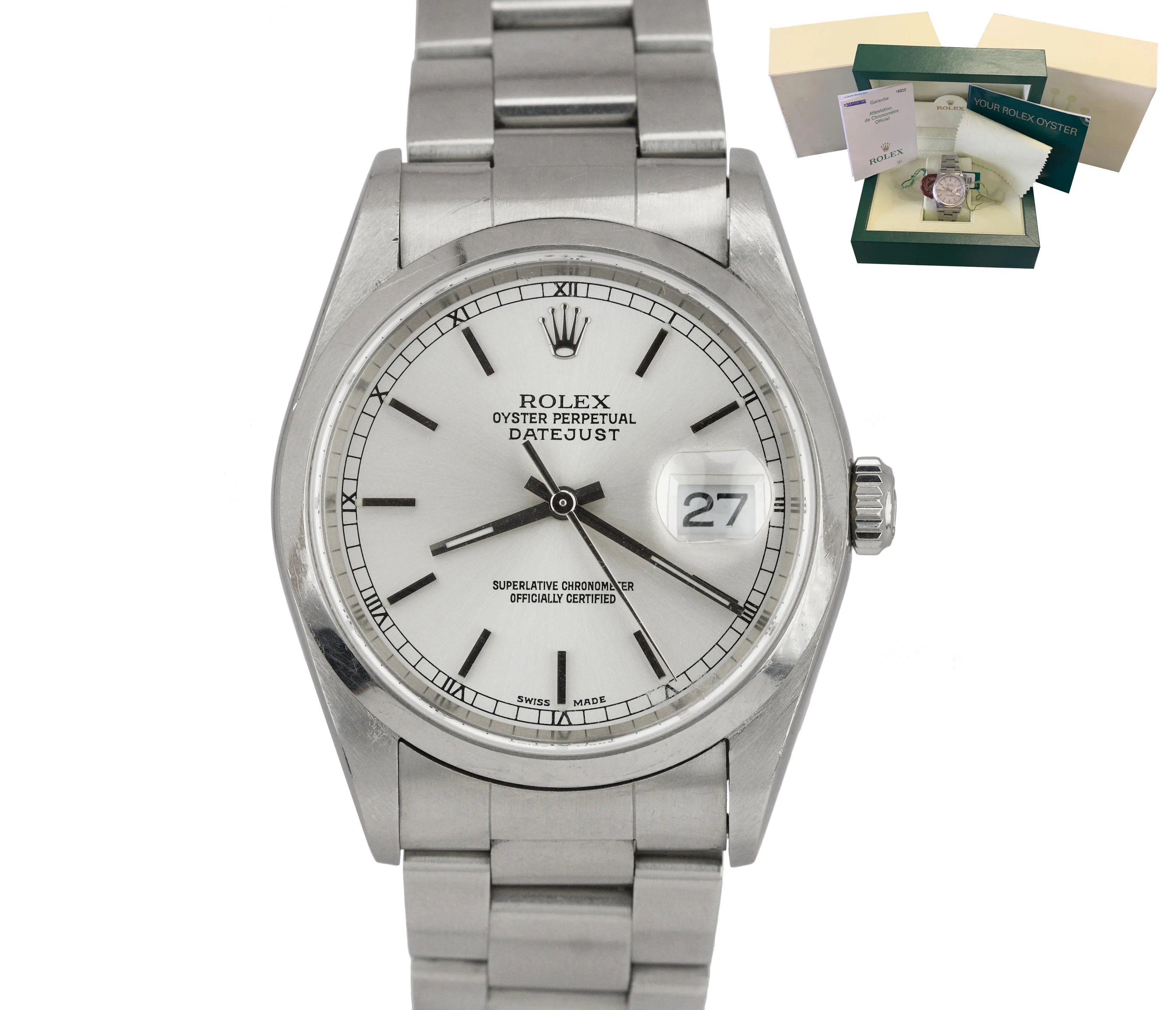 2005 UNPOLISHED Rolex DateJust 36mm 16200 Silver Smooth Oyster Watch BOX PAPERS