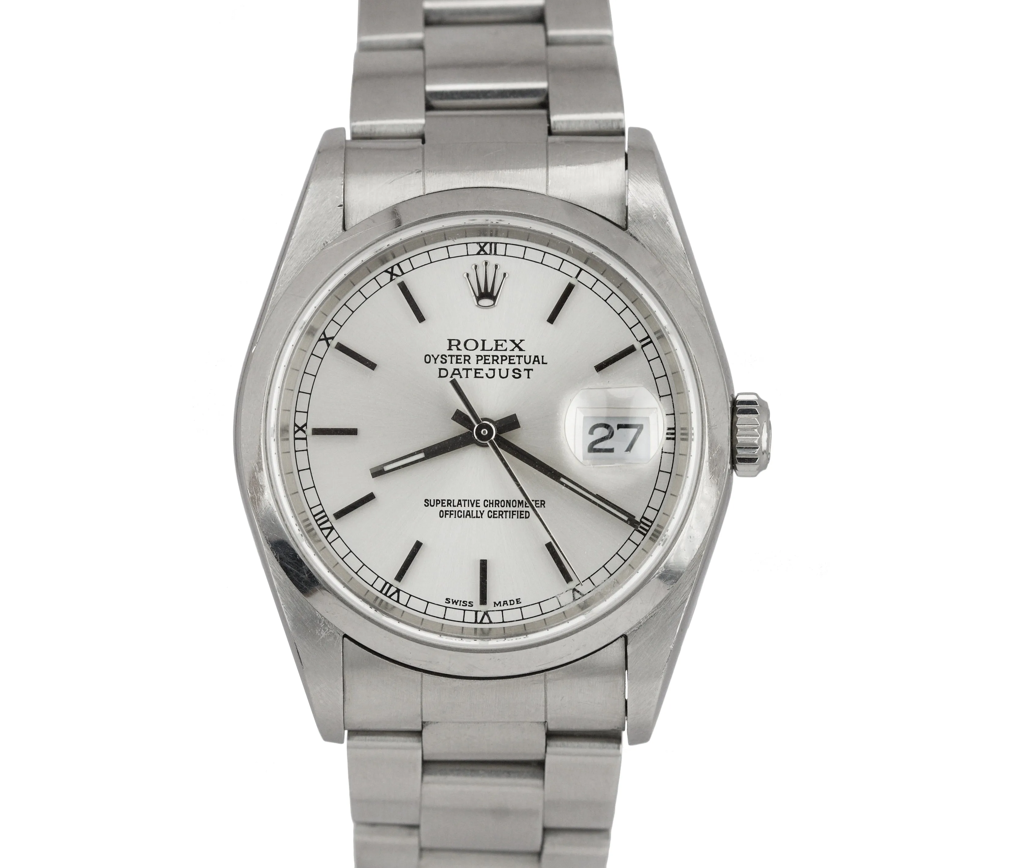 2005 UNPOLISHED Rolex DateJust 36mm 16200 Silver Smooth Oyster Watch BOX PAPERS