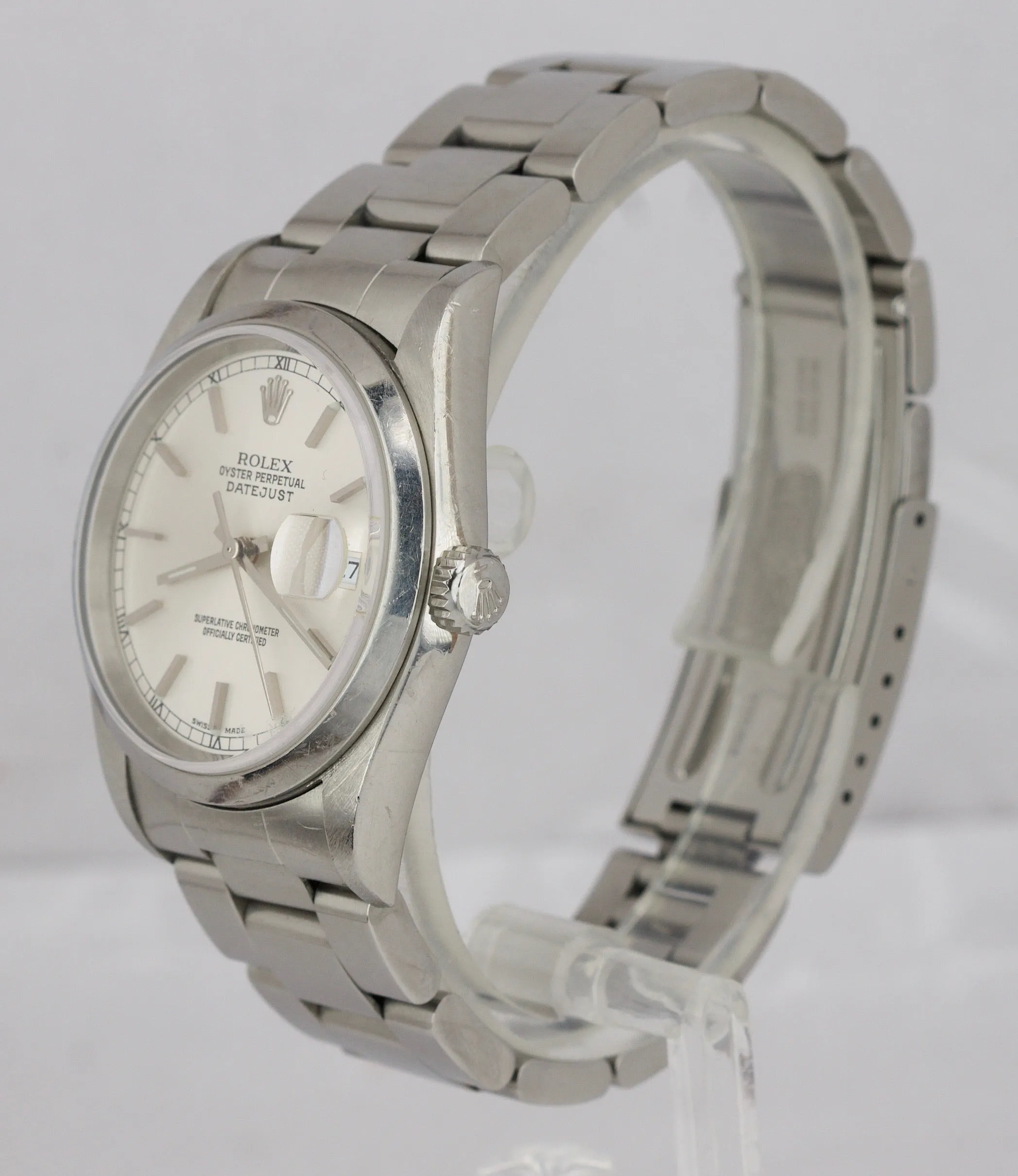 2005 UNPOLISHED Rolex DateJust 36mm 16200 Silver Smooth Oyster Watch BOX PAPERS
