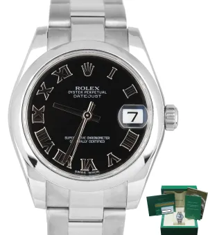 2015 Ladies Rolex DateJust 31 Black Roman 31mm Oyster 178240 Date Watch Full Set