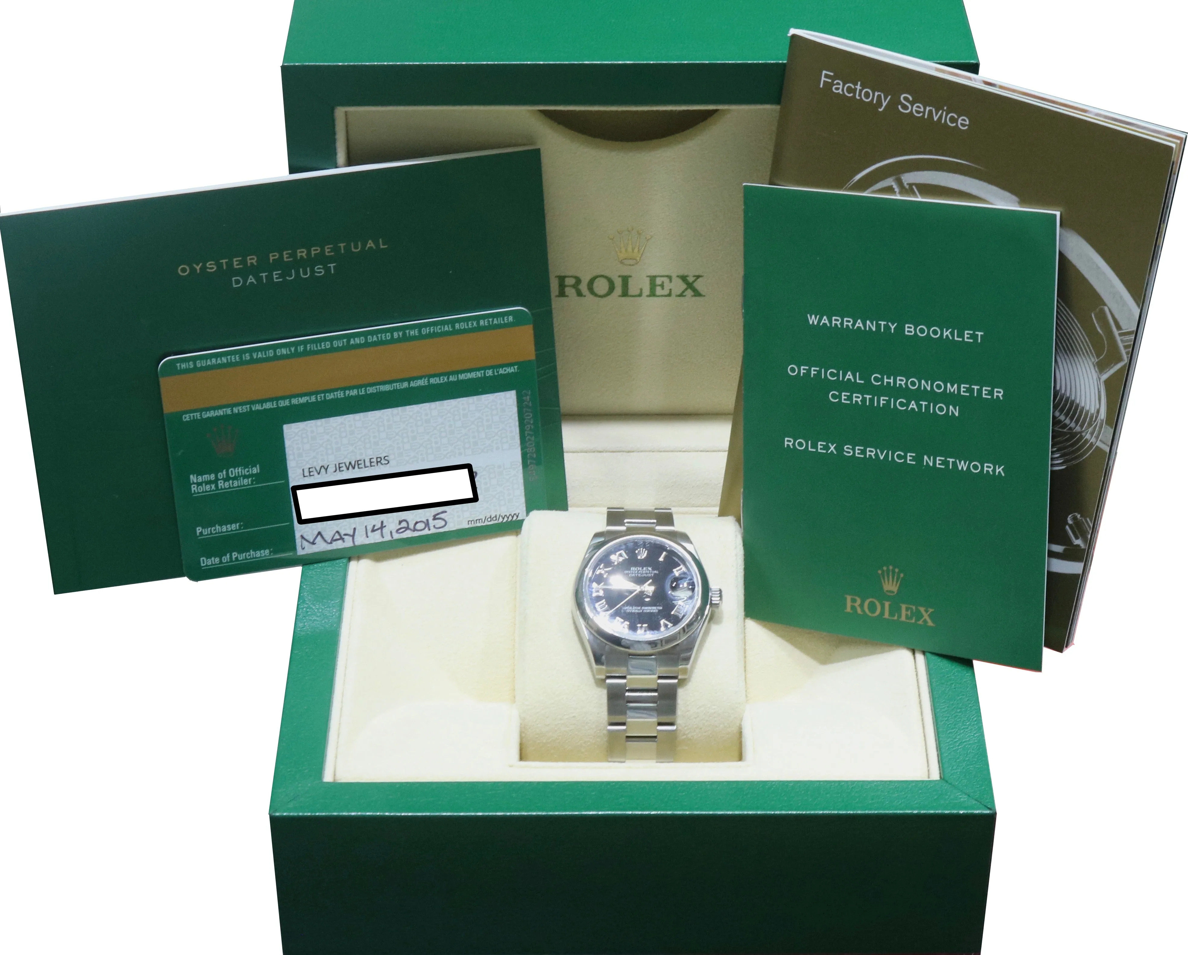 2015 Ladies Rolex DateJust 31 Black Roman 31mm Oyster 178240 Date Watch Full Set