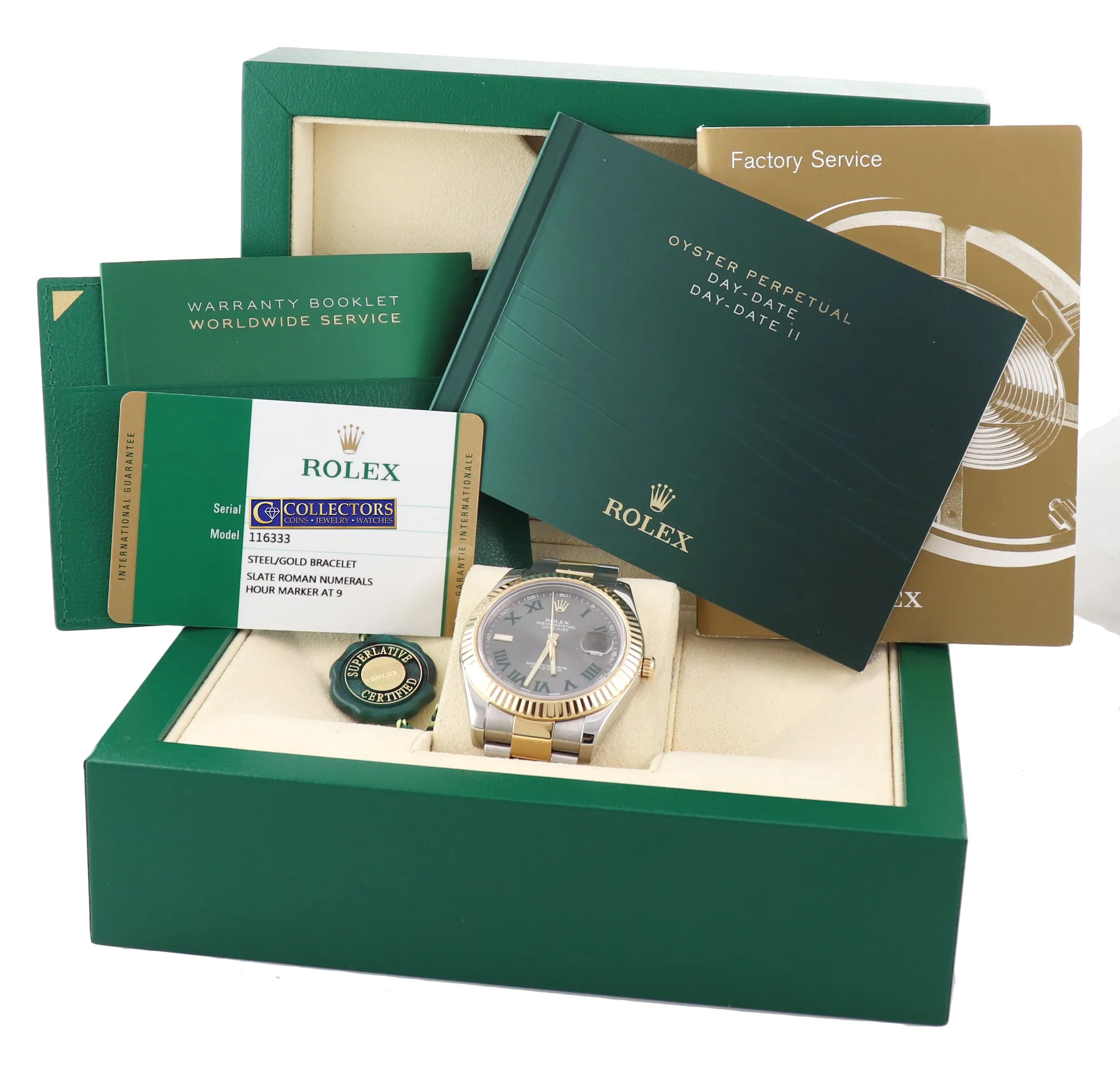 2015 PAPERS Rolex Datejust 2 Wimbledon Slate Roman 116333 Two Tone Gold Watch