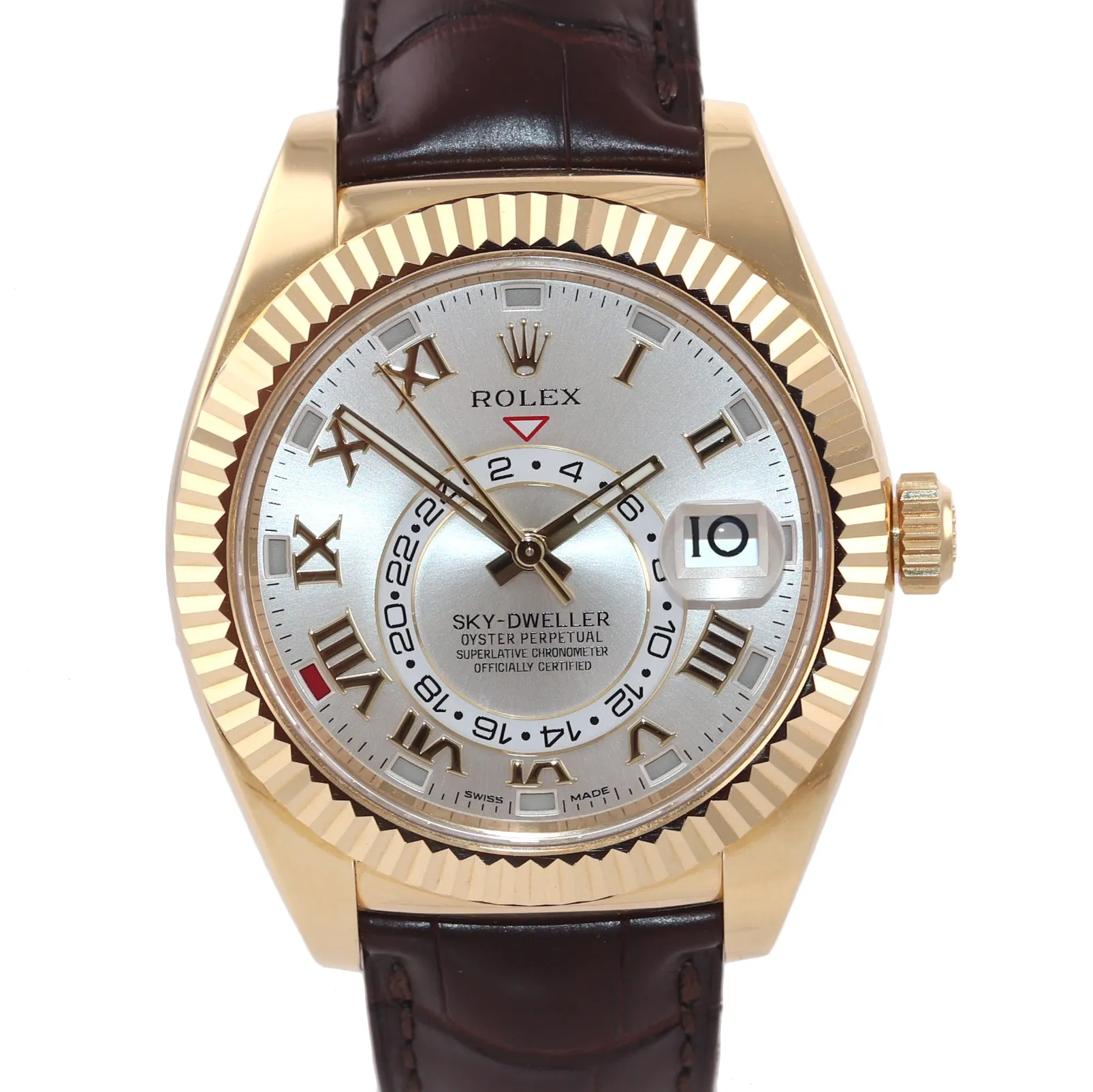 2017 BOX PAPERS Rolex Sky-Dweller 18K Gold 326138 42mm Silver Dial Leather Watch