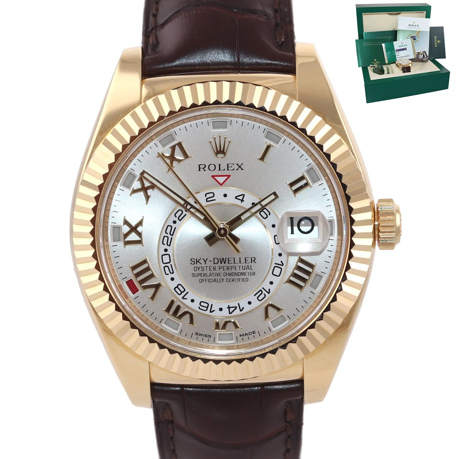 2017 BOX PAPERS Rolex Sky-Dweller 18K Gold 326138 42mm Silver Dial Leather Watch
