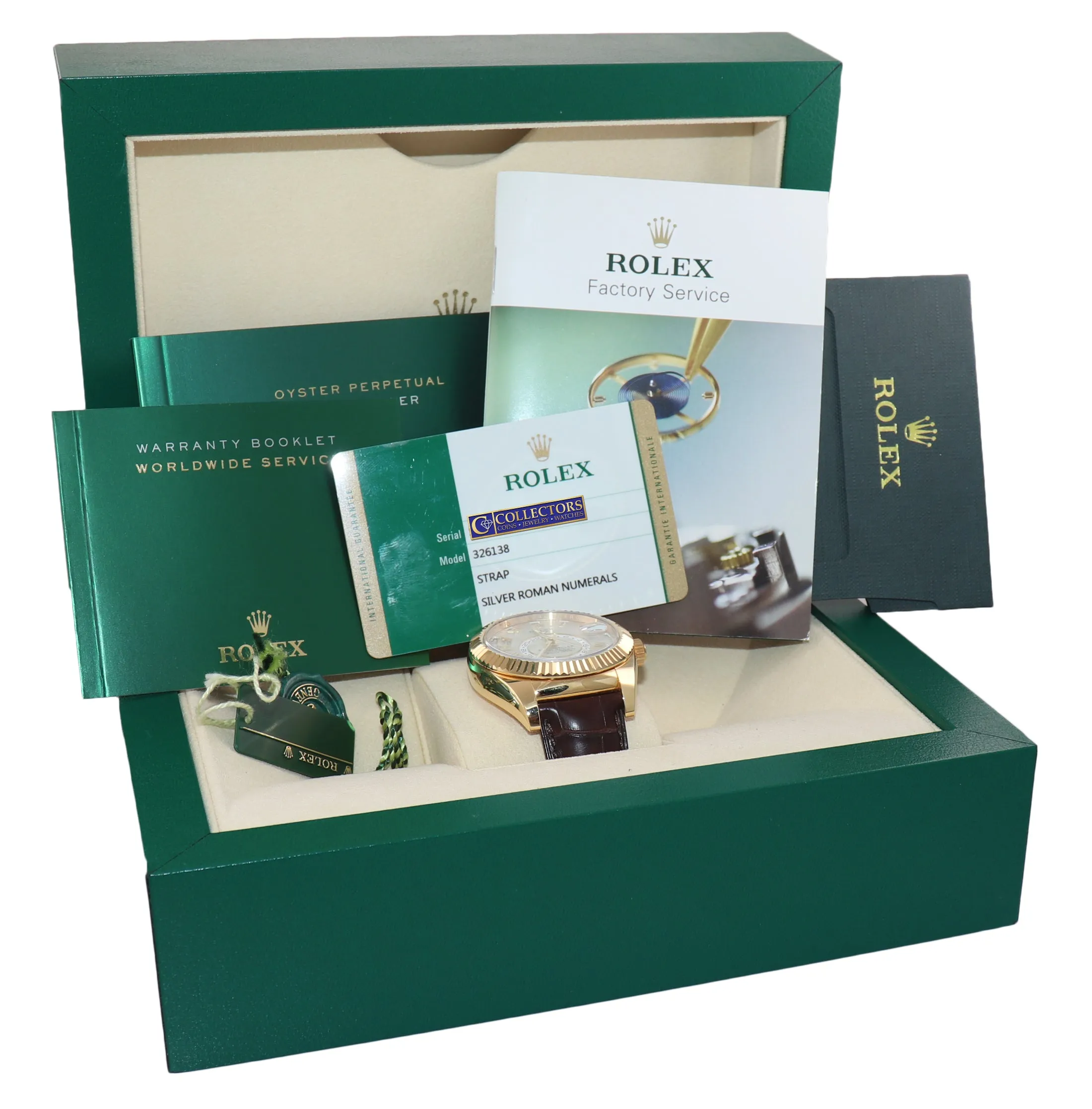 2017 BOX PAPERS Rolex Sky-Dweller 18K Gold 326138 42mm Silver Dial Leather Watch