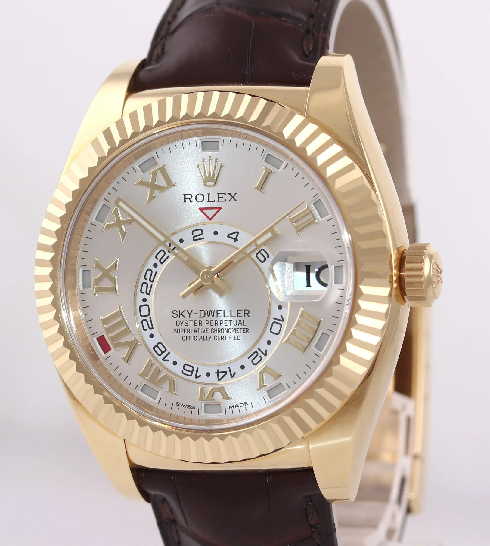 2017 BOX PAPERS Rolex Sky-Dweller 18K Gold 326138 42mm Silver Dial Leather Watch