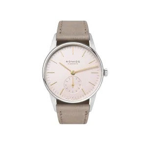 33MM NOMOS ORION 33 ROSE MANUAL WIND WATCH WITH PINK STICK DIAL AND BEIGE VELOUR LEATHER STRAP
