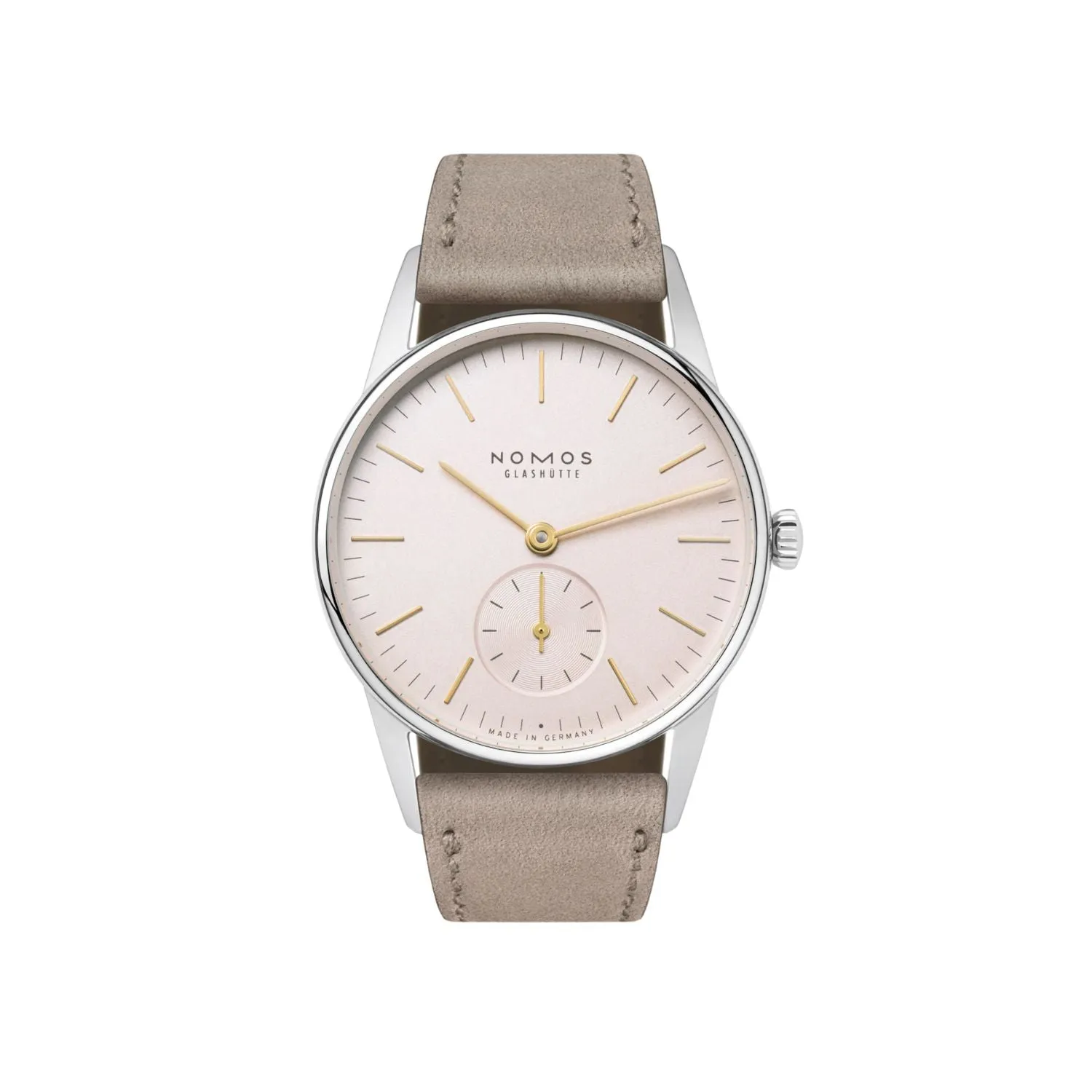 33MM NOMOS ORION 33 ROSE MANUAL WIND WATCH WITH PINK STICK DIAL AND BEIGE VELOUR LEATHER STRAP
