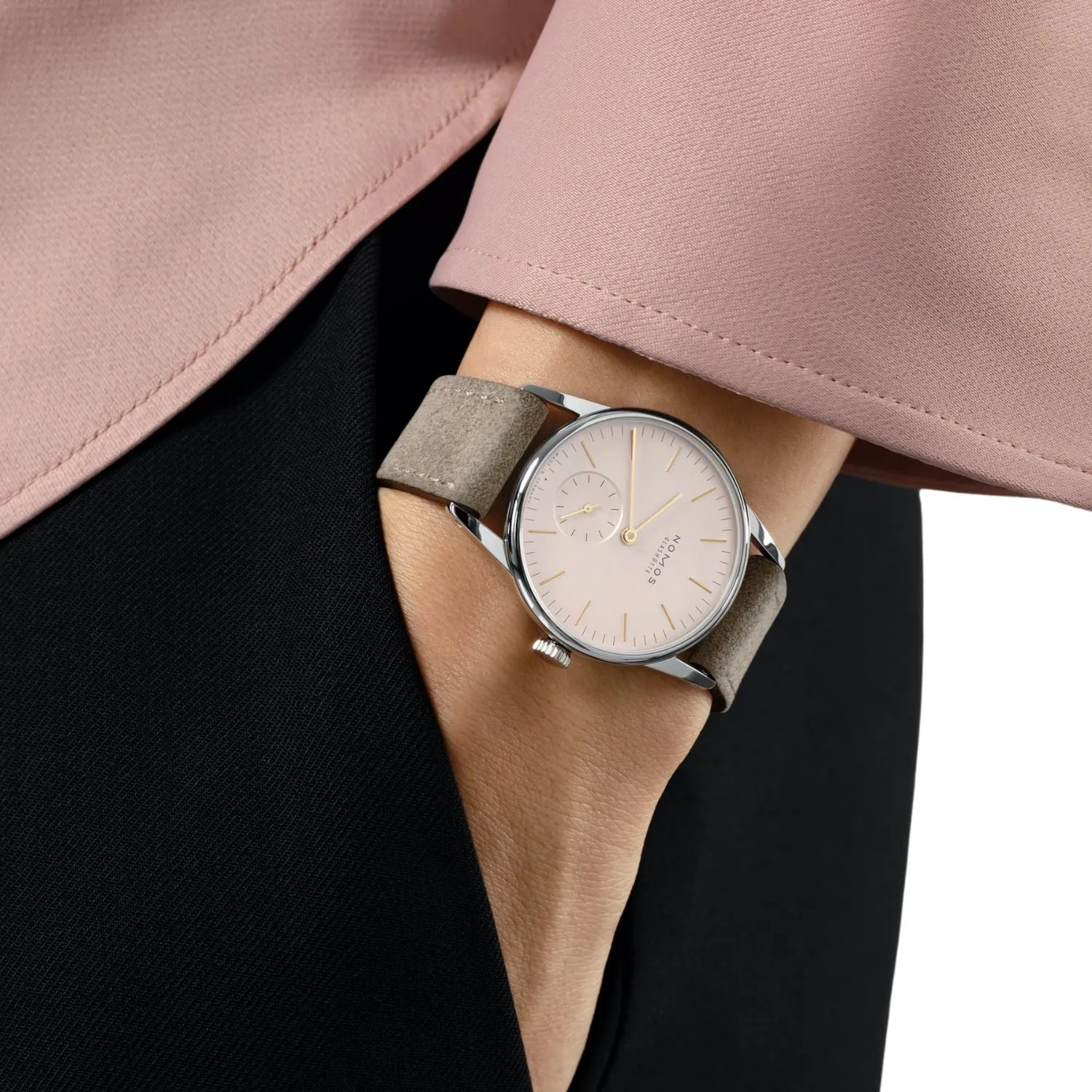 33MM NOMOS ORION 33 ROSE MANUAL WIND WATCH WITH PINK STICK DIAL AND BEIGE VELOUR LEATHER STRAP