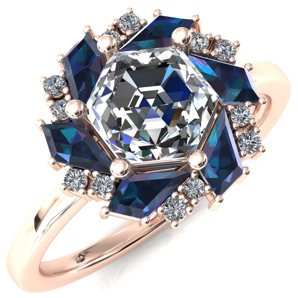 7.0mm Hexagon Center Kite Cut Alexandrite Cluster Halo Ring