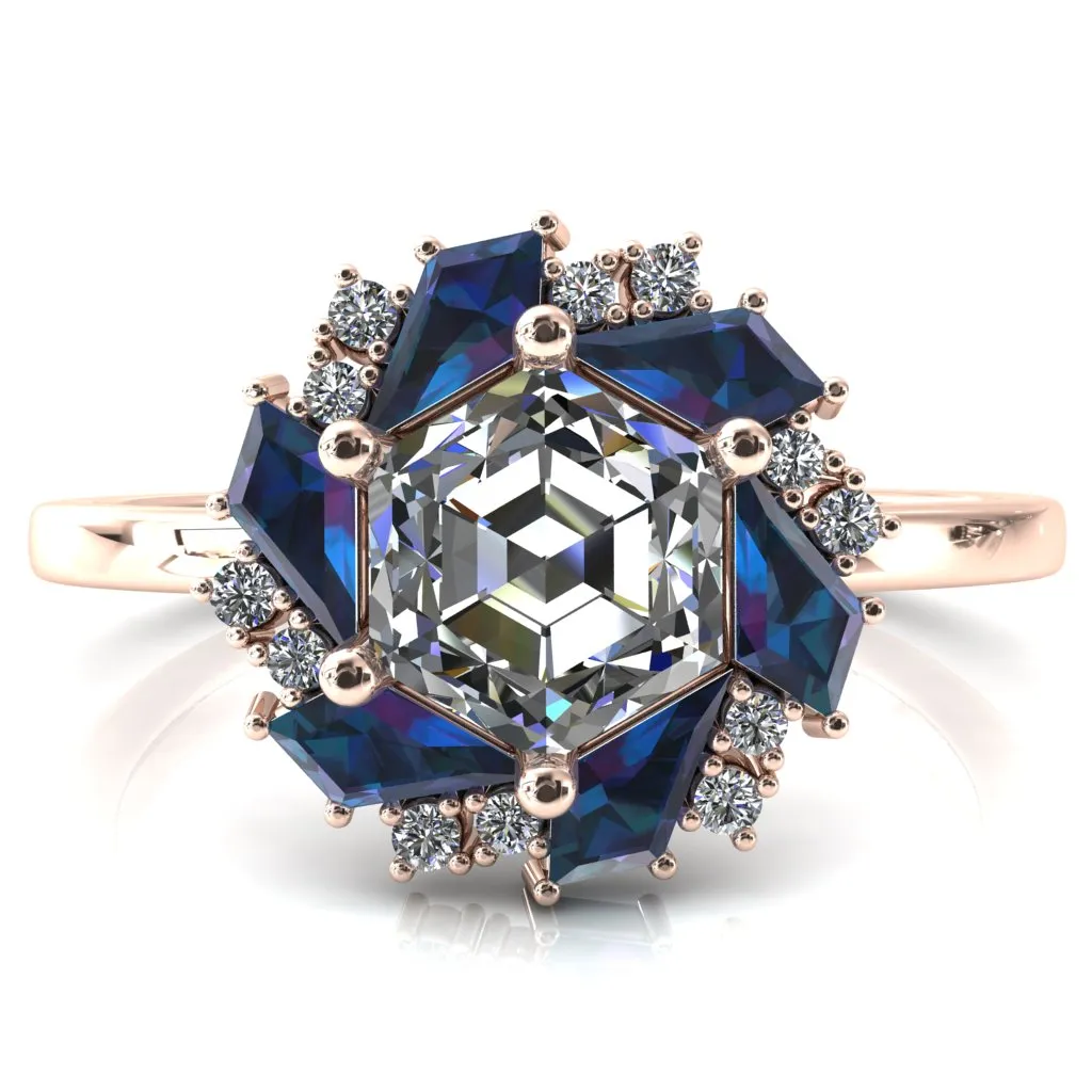 7.0mm Hexagon Center Kite Cut Alexandrite Cluster Halo Ring